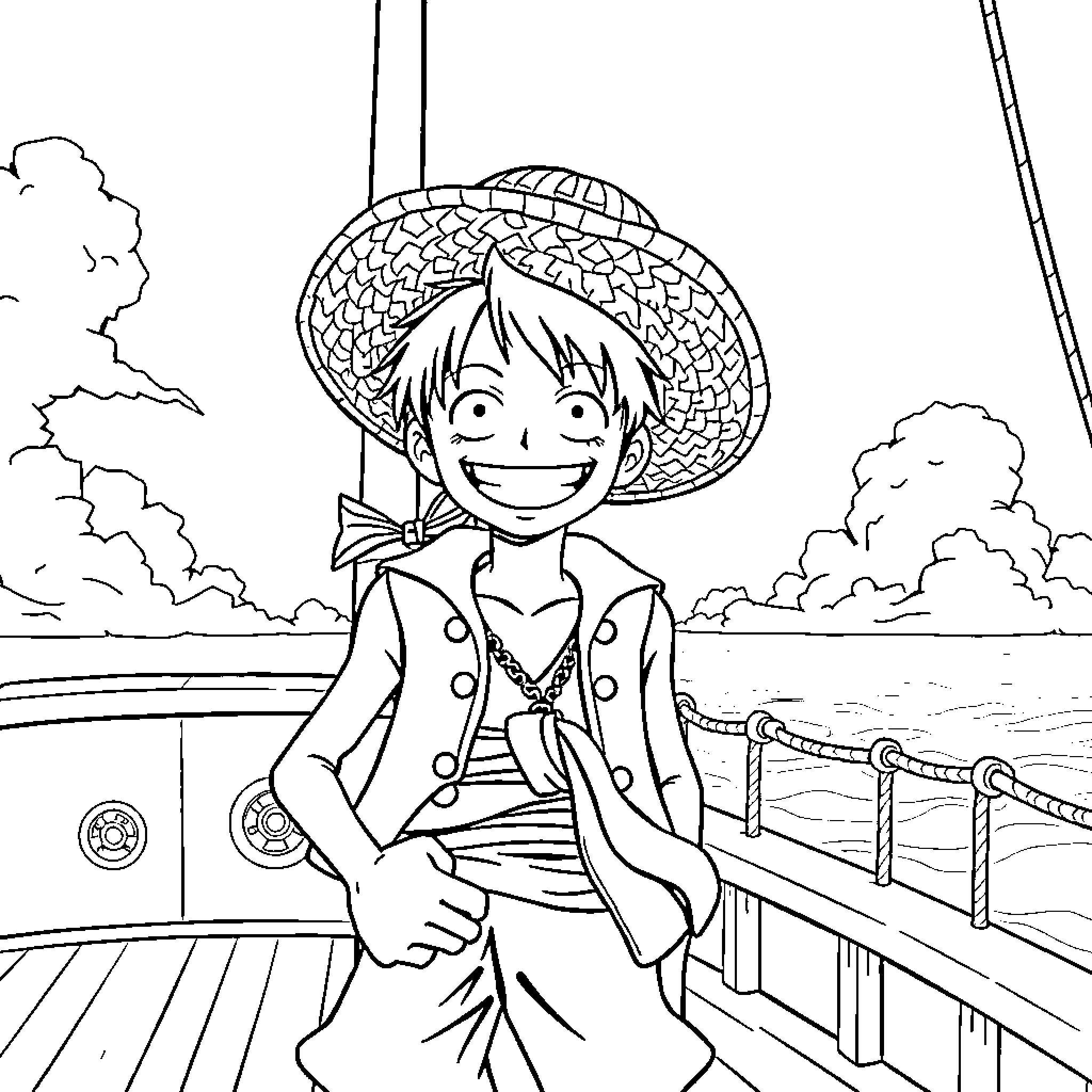 Monkey sitting cheerfully on a ship's deck Coloring Page (free black-and-white line drawing printable PDF for all, from beginners to advanced learners, including children, teens, adults, and seniors)