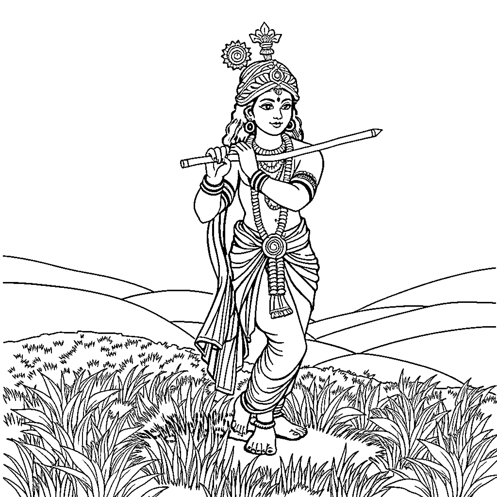 Krishna playing the flute in a lush meadow Coloring Page (free black-and-white line drawing printable PDF for all, from beginners to advanced learners, including children, teens, adults, and seniors)