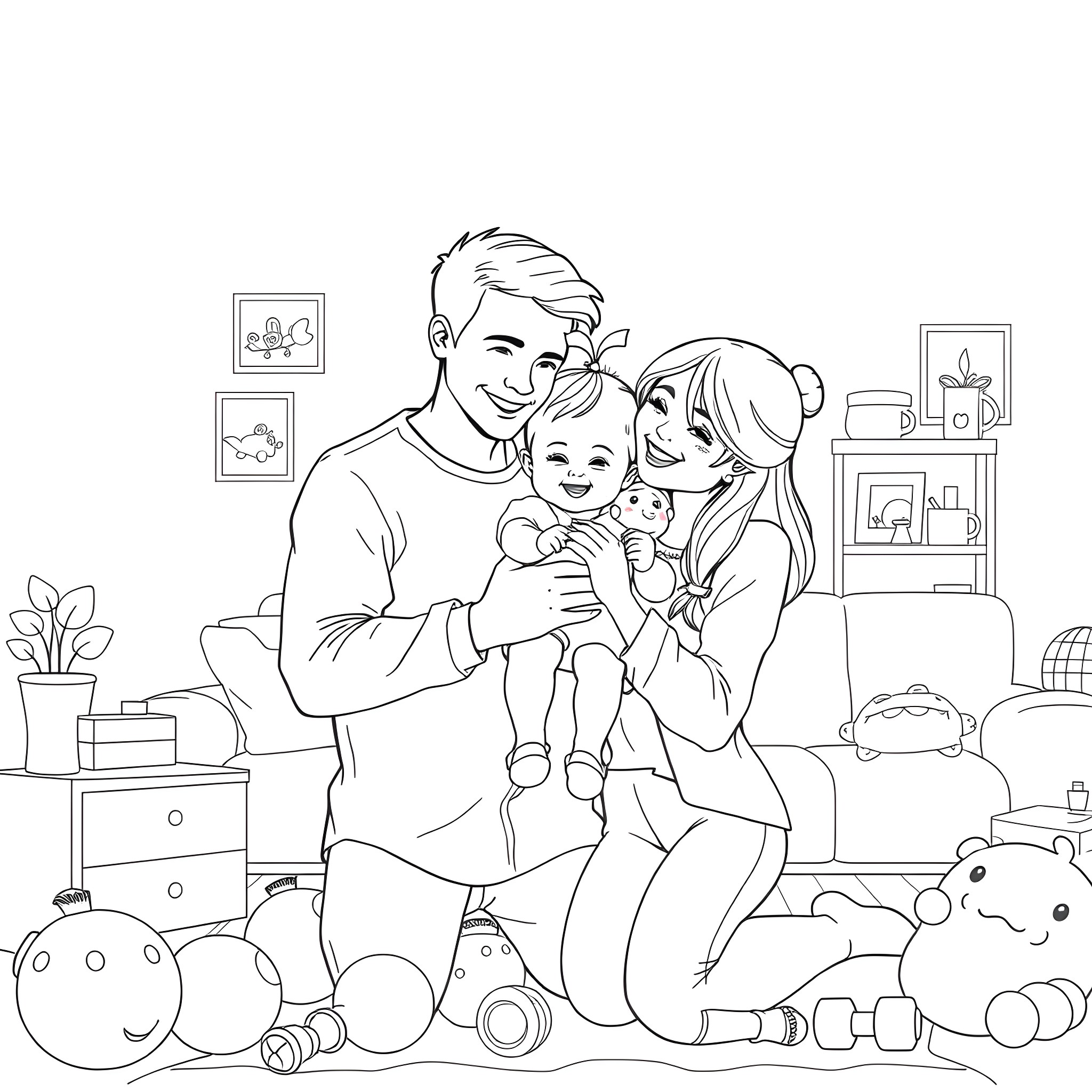 Family enjoying quality time together at home Coloring Page (free black-and-white line drawing printable PDF for all, from beginners to advanced learners, including children, teens, adults, and seniors)