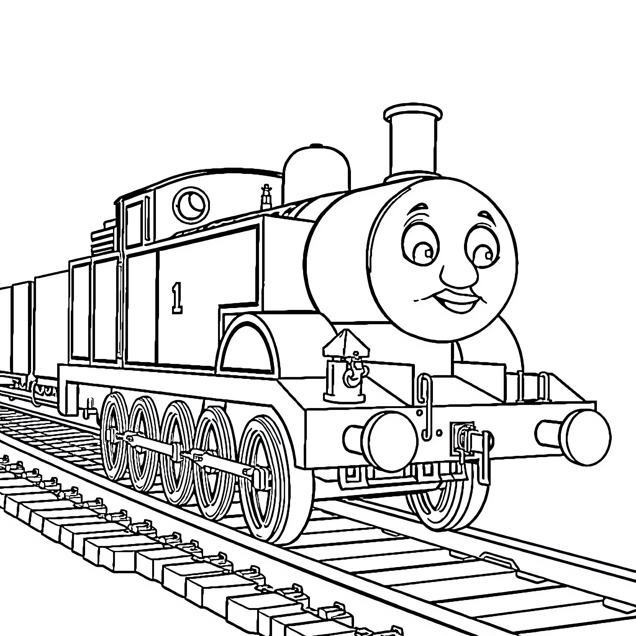 Thomas the Tank Engine on the railway tracks Coloring Page (free black-and-white line drawing printable PDF for all, from beginners to advanced learners, including children, teens, adults, and seniors)