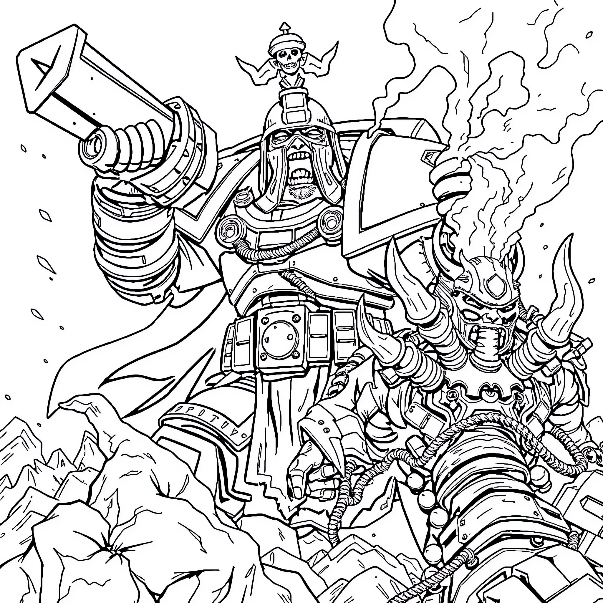 Space Marine in Fierce Battle Wielding Powerful Weapon Coloring Page (free black-and-white line drawing printable PDF for all, from beginners to advanced learners, including children, teens, adults, and seniors)