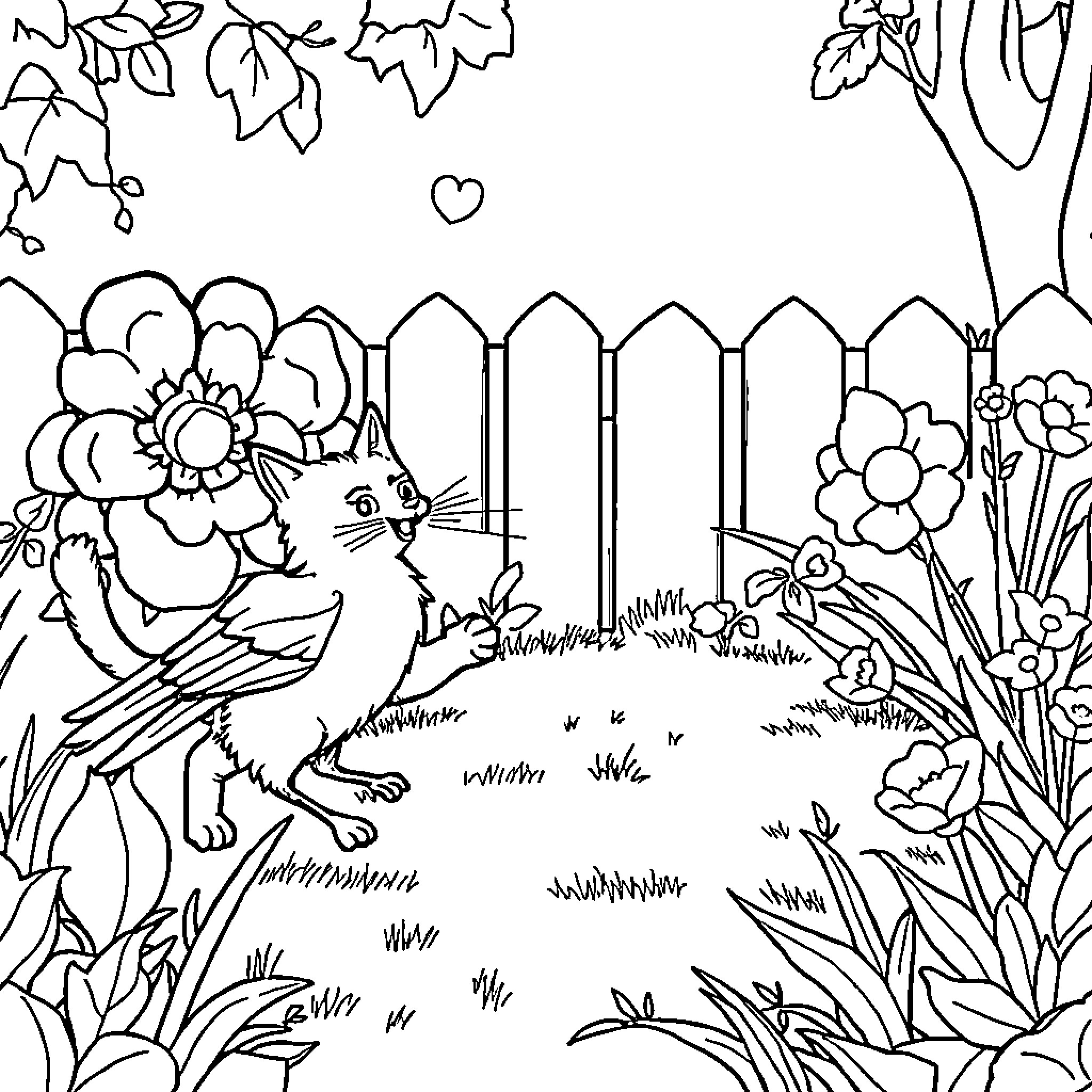 Cat exploring the garden near a fence Coloring Page (free black-and-white line drawing printable PDF for all, from beginners to advanced learners, including children, teens, adults, and seniors)