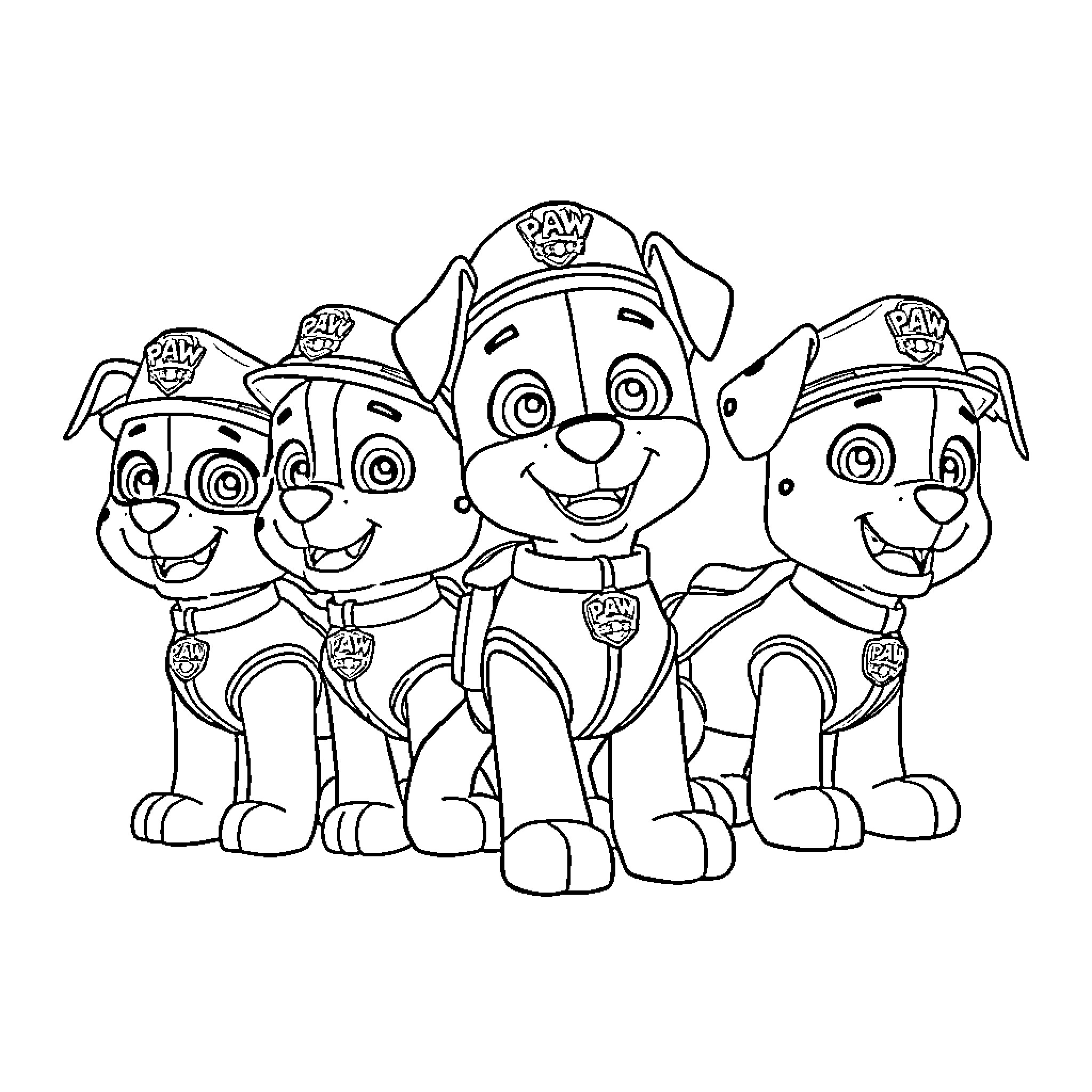 Paw Patrol puppies in uniform posing together Coloring Page (free black-and-white line drawing printable PDF for all, from beginners to advanced learners, including children, teens, adults, and seniors)