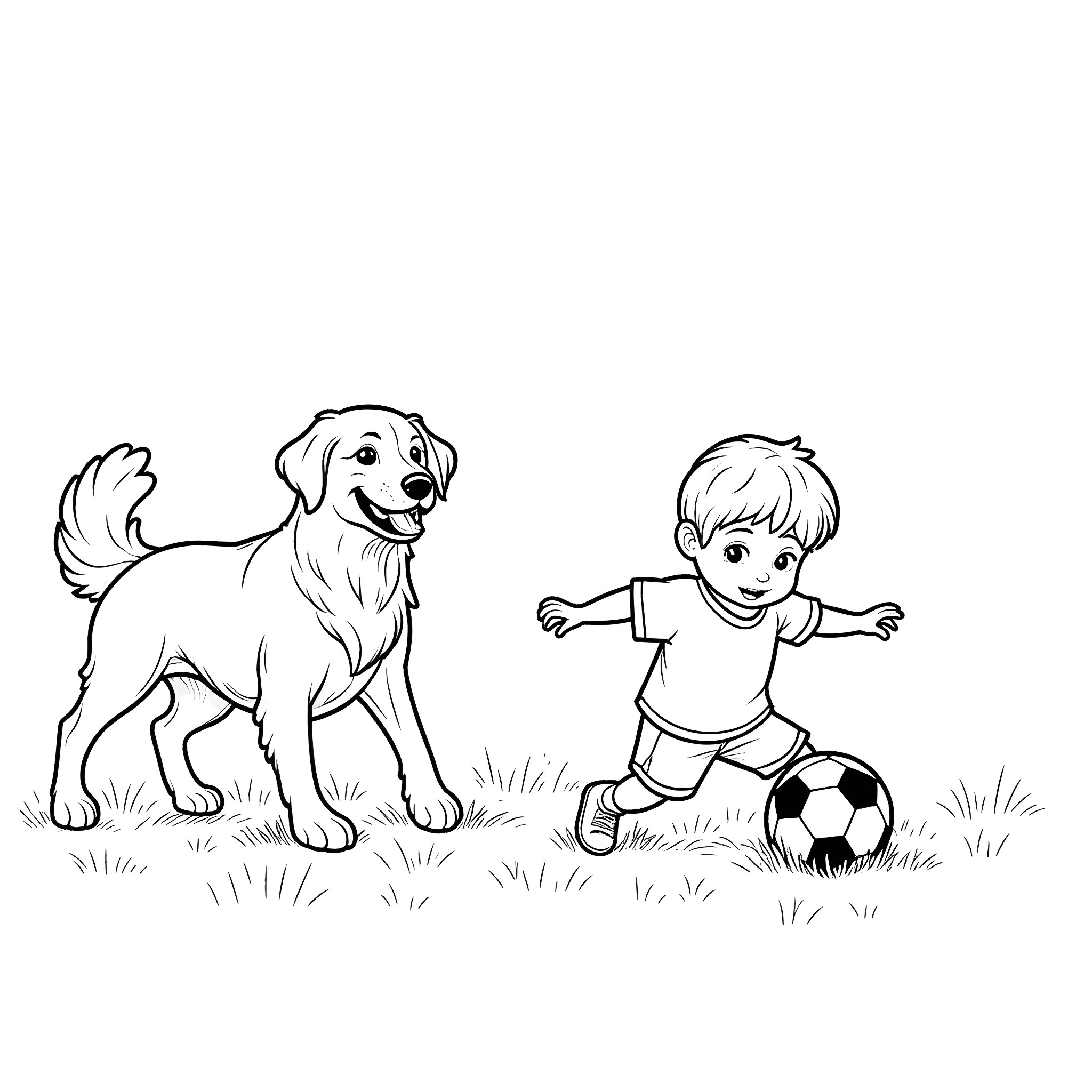 Golden Retriever playing with child and soccer ball Coloring Page (free black-and-white line drawing printable PDF for all, from beginners to advanced learners, including children, teens, adults, and seniors)