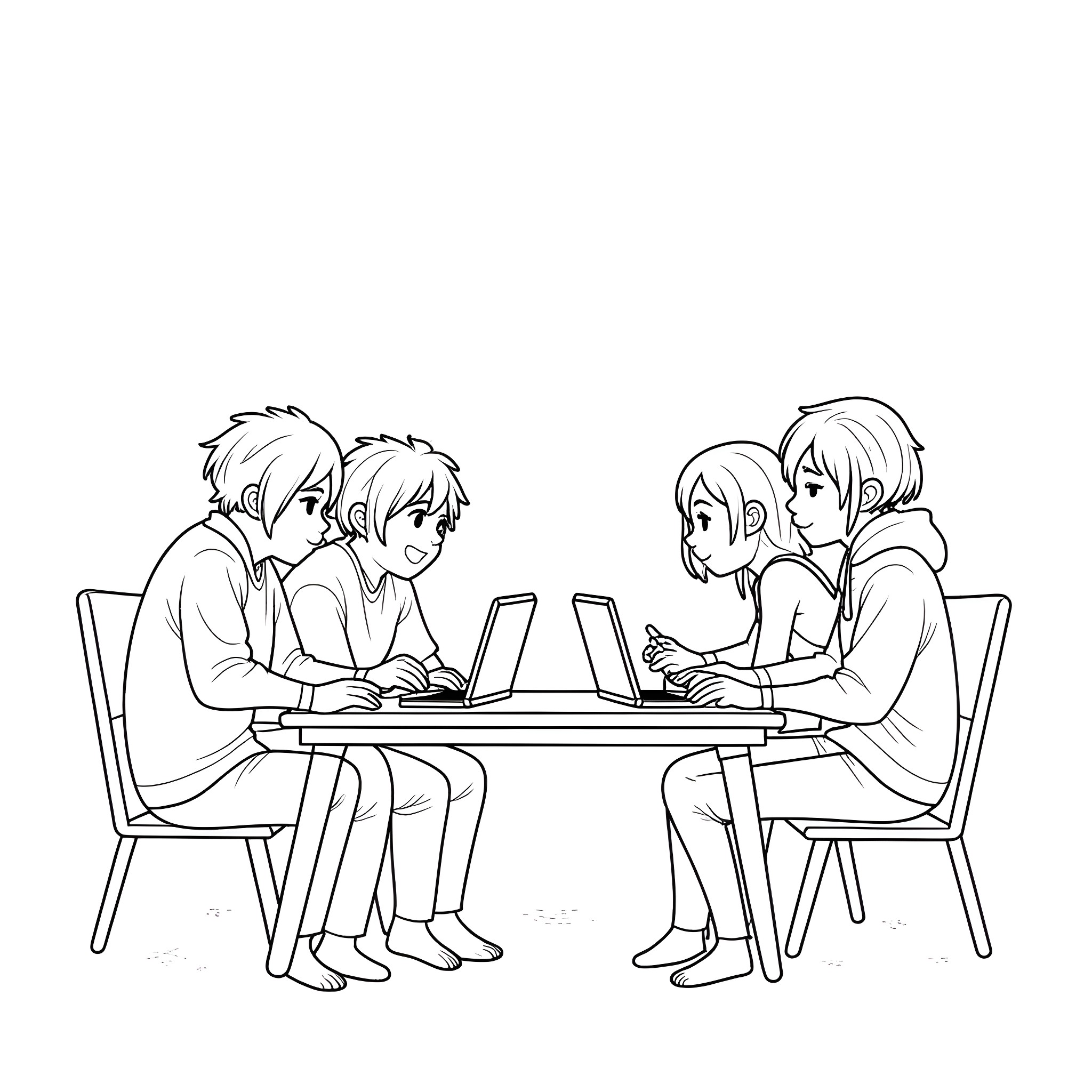 Final Fantasy XI: Friends working together on computers Coloring Page (free black-and-white line drawing printable PDF for all, from beginners to advanced learners, including children, teens, adults, and seniors)
