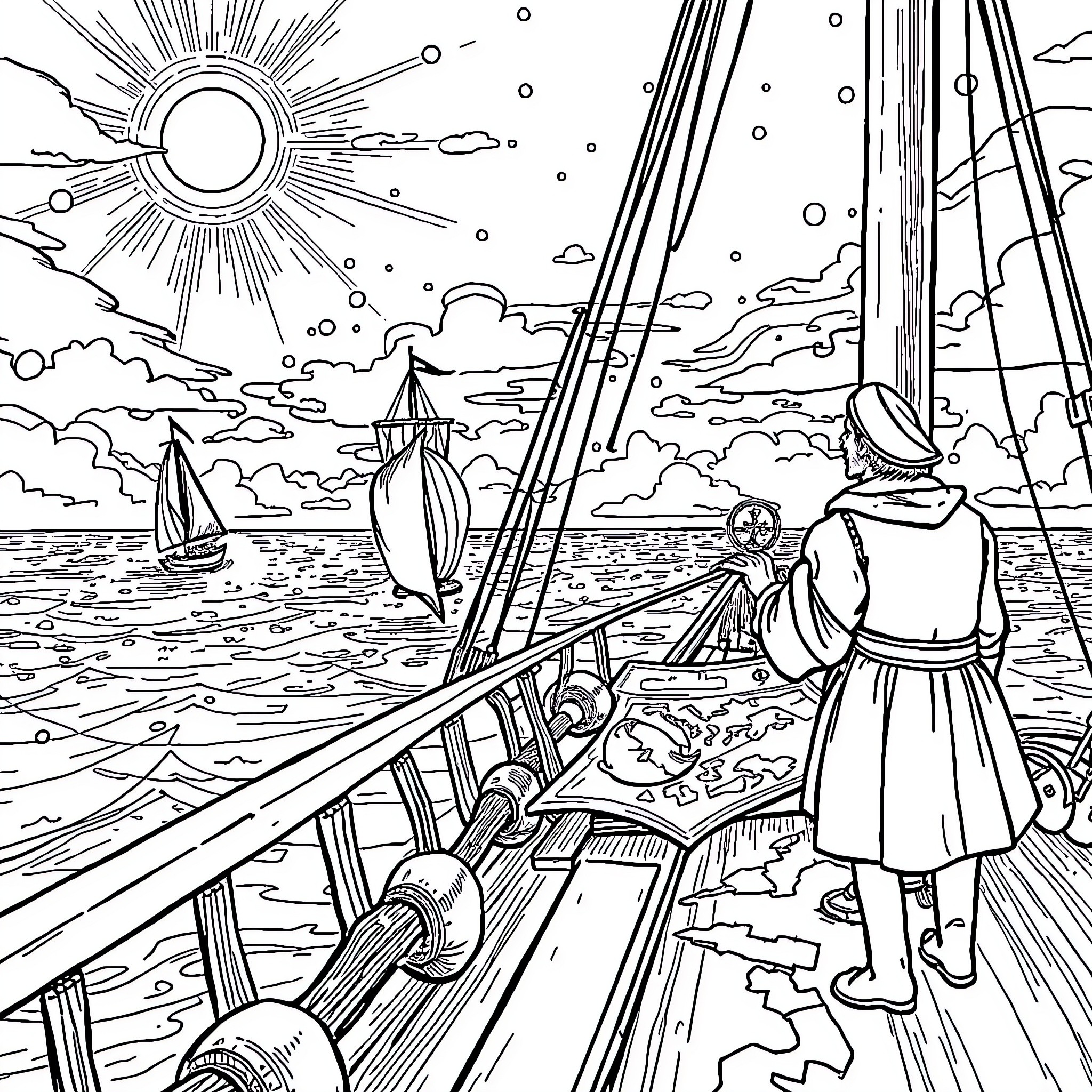 Exploration of an Adventurous Seascape Coloring Page (free black-and-white line drawing printable PDF for all, from beginners to advanced learners, including children, teens, adults, and seniors)