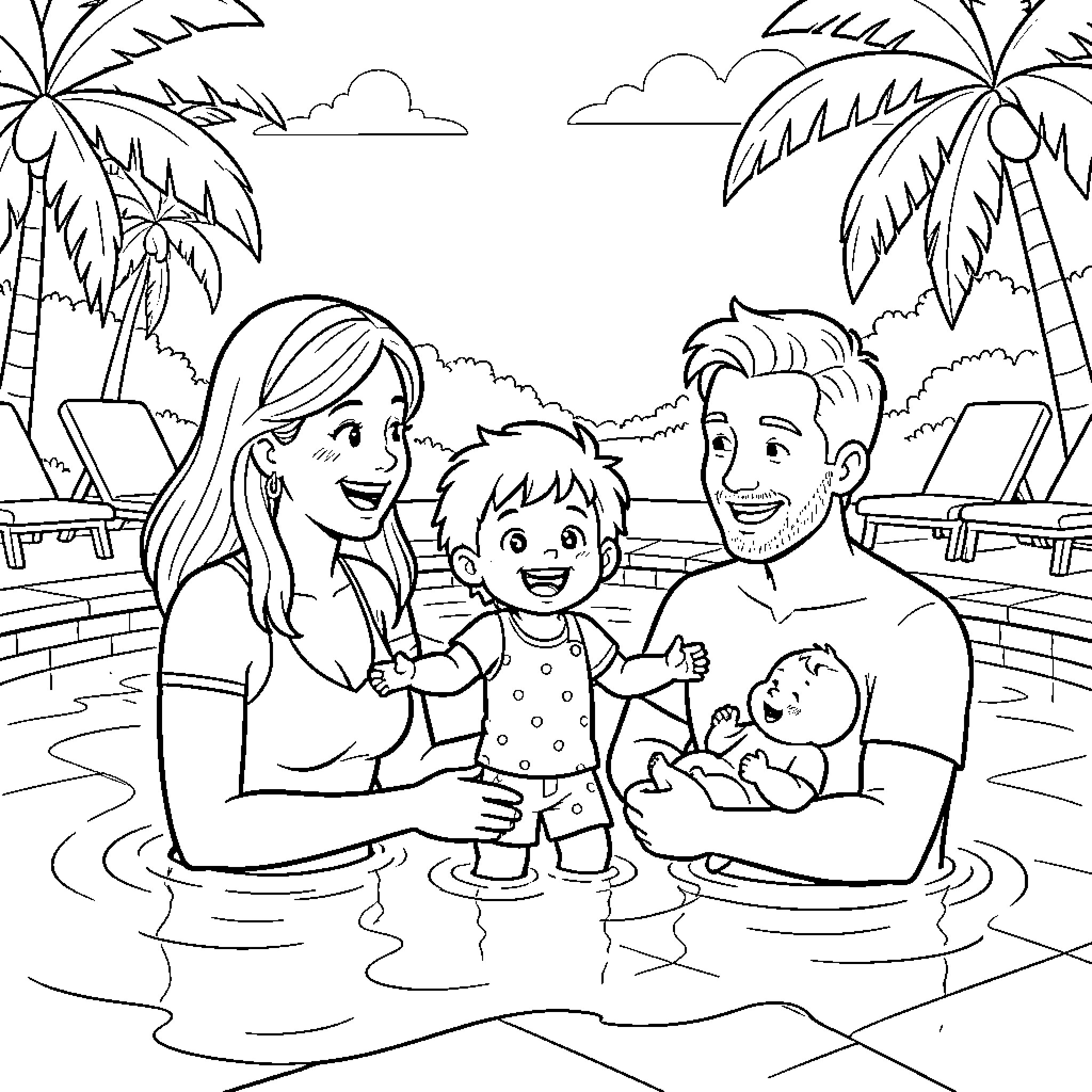 Family smiling together while enjoying time in a pool Coloring Page (free black-and-white line drawing printable PDF for all, from beginners to advanced learners, including children, teens, adults, and seniors)