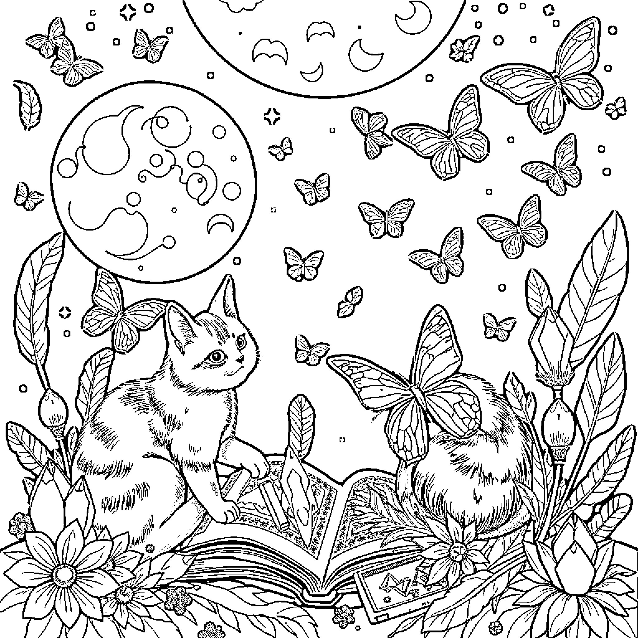 Witch's Whimsical Woodland Wonders Coloring Page (free black-and-white line drawing printable PDF for all, from beginners to advanced learners, including children, teens, adults, and seniors)