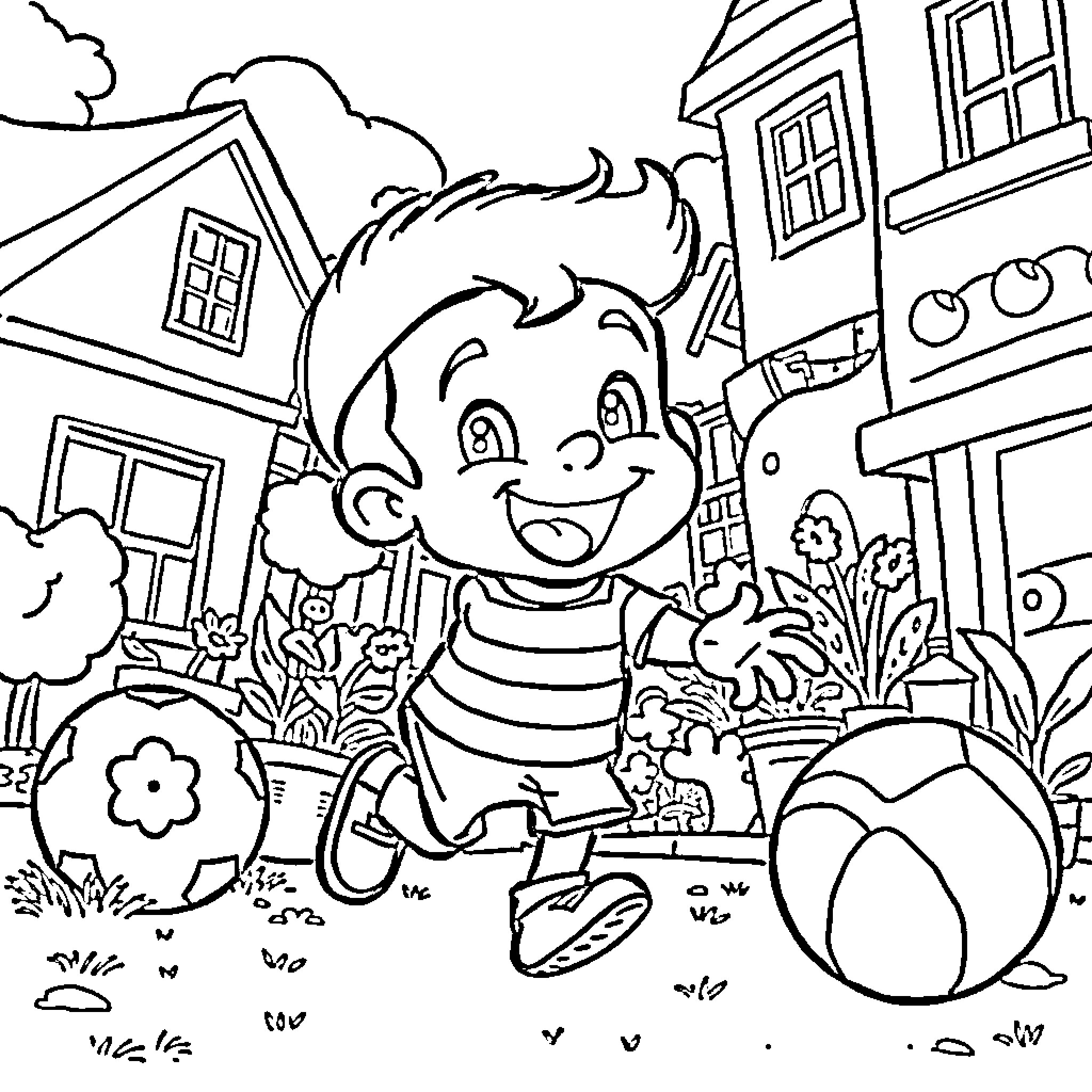 El Chavo del 8 playing happily in the neighborhood Coloring Page (free black-and-white line drawing printable PDF for all, from beginners to advanced learners, including children, teens, adults, and seniors)