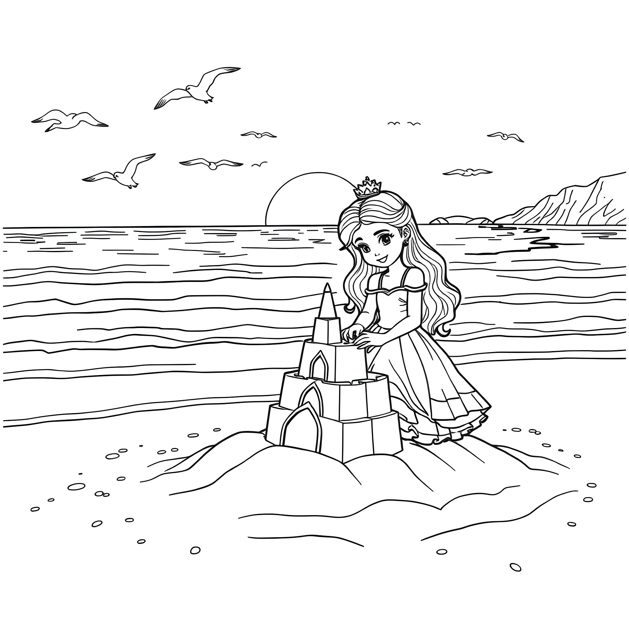Princess building a sandcastle on the beach Coloring Page (free black-and-white line drawing printable PDF for all, from beginners to advanced learners, including children, teens, adults, and seniors)