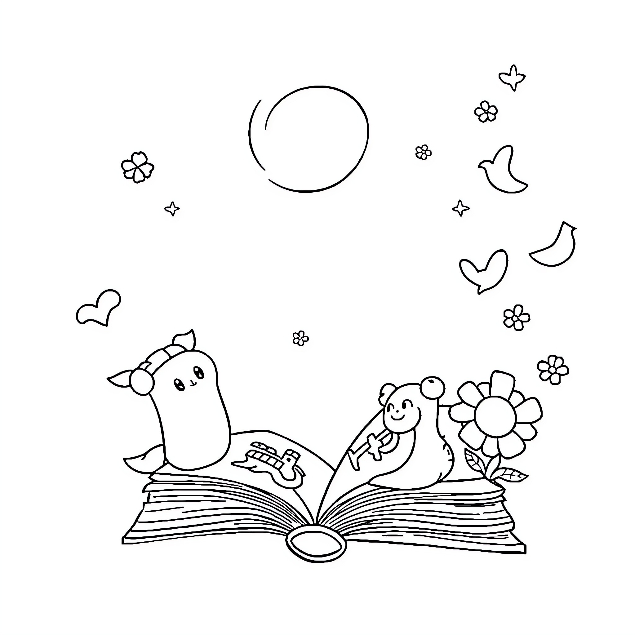 Kid exploring a magical storybook world Coloring Page (free black-and-white line drawing printable PDF for all, from beginners to advanced learners, including children, teens, adults, and seniors)