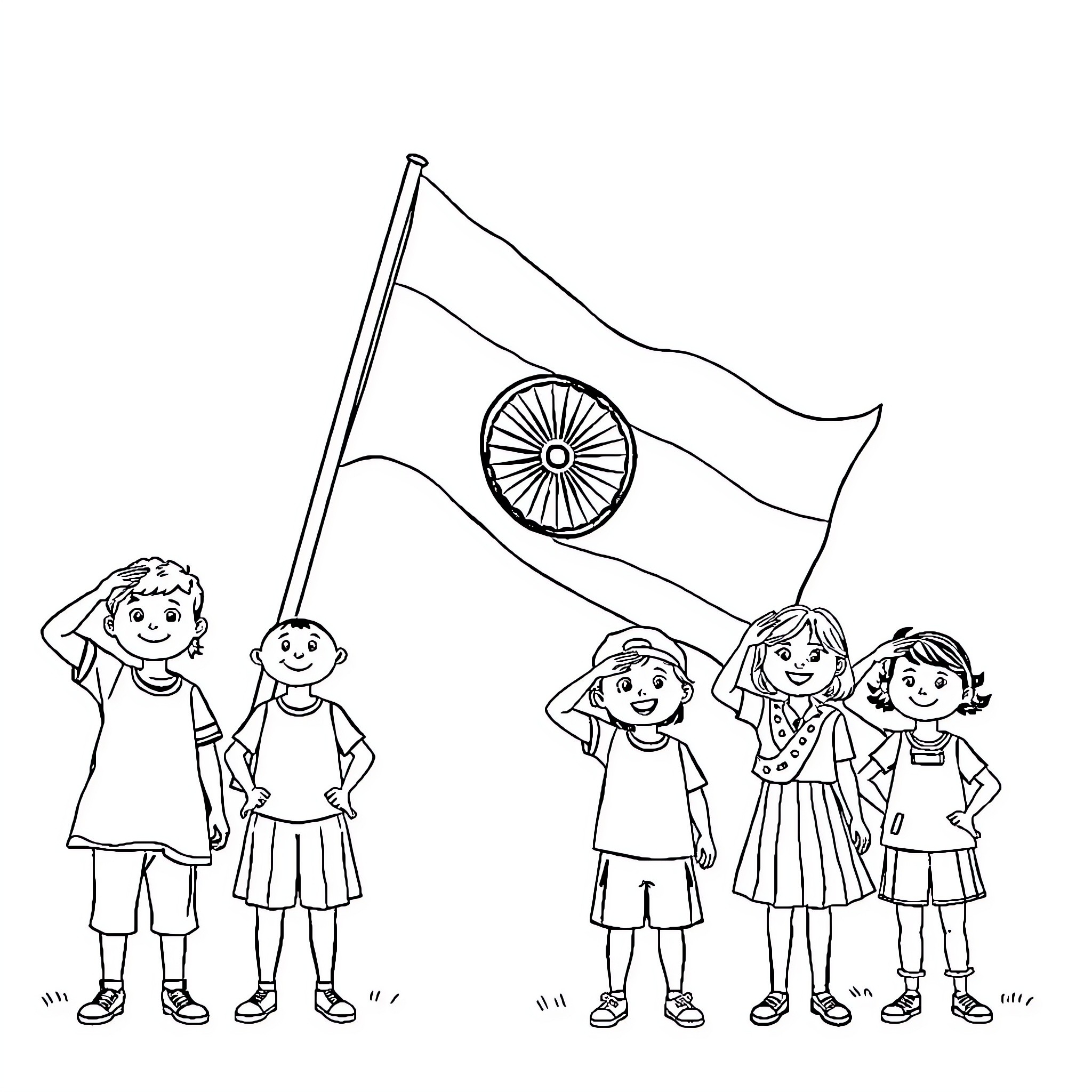 Child holding Indian flag with friends Coloring Page (free black-and-white line drawing printable PDF for all, from beginners to advanced learners, including children, teens, adults, and seniors)