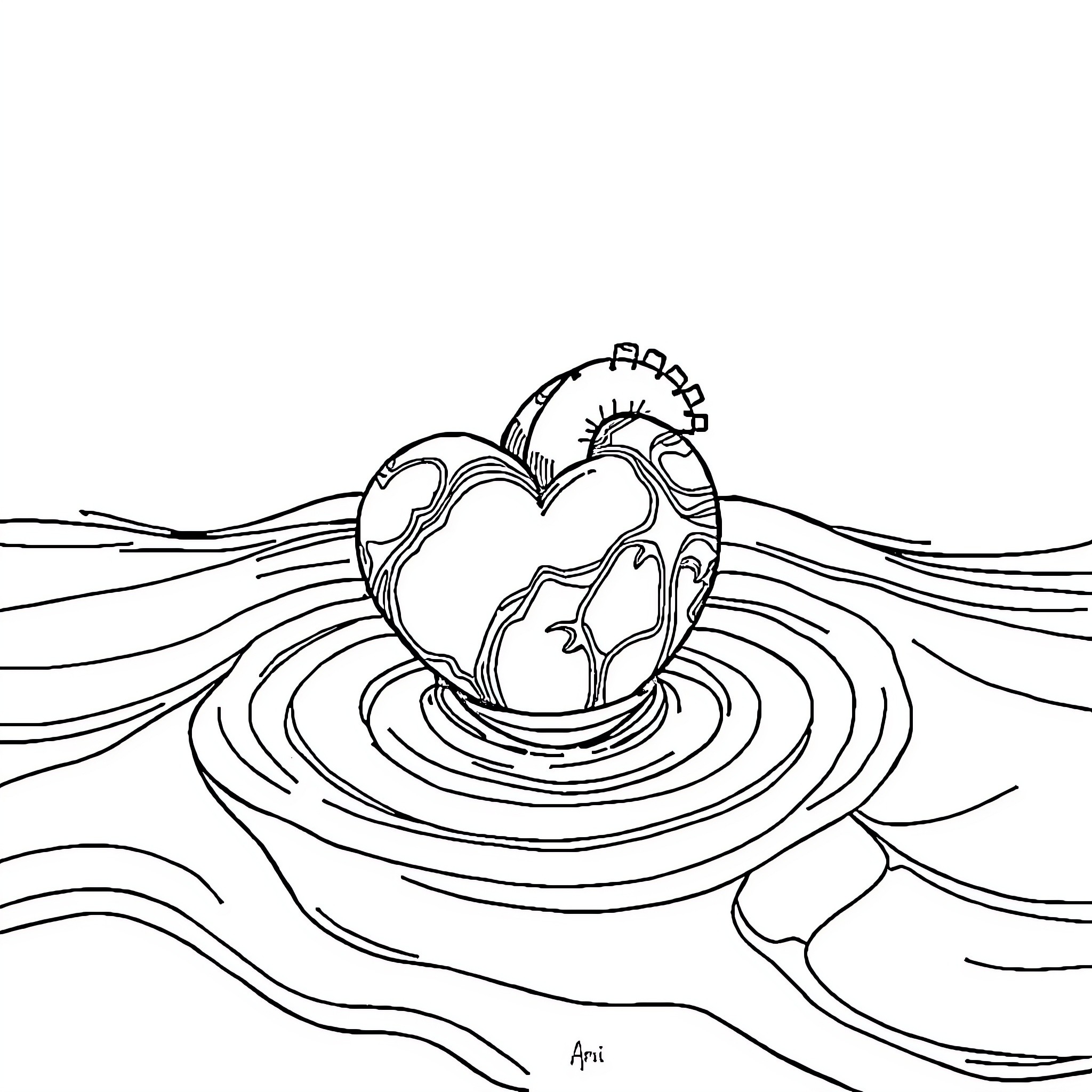 Heart floating on rippling water Coloring Page (free black-and-white line drawing printable PDF for all, from beginners to advanced learners, including children, teens, adults, and seniors)