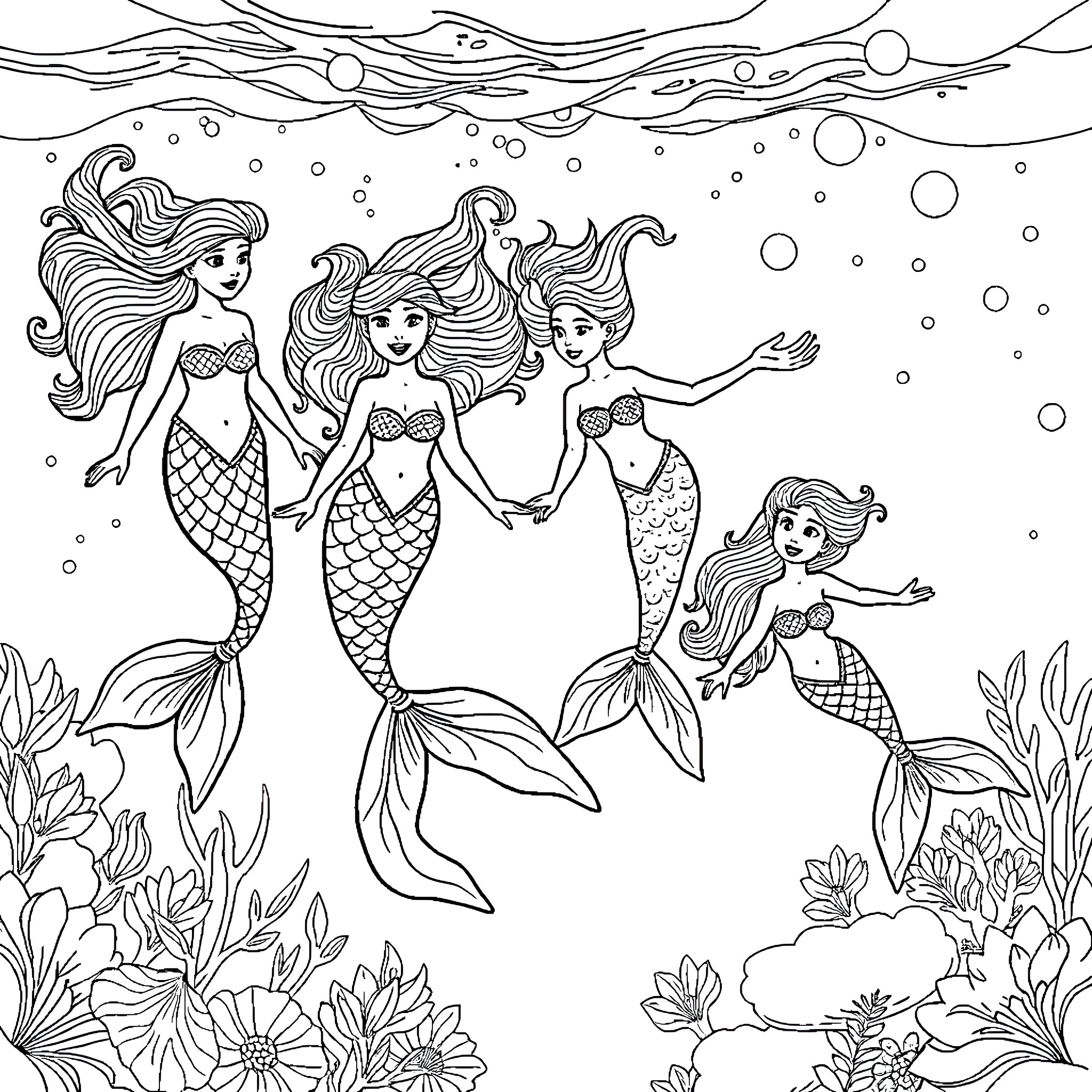 Mermaid trio swimming in the ocean depths Coloring Page (free black-and-white line drawing printable PDF for all, from beginners to advanced learners, including children, teens, adults, and seniors)