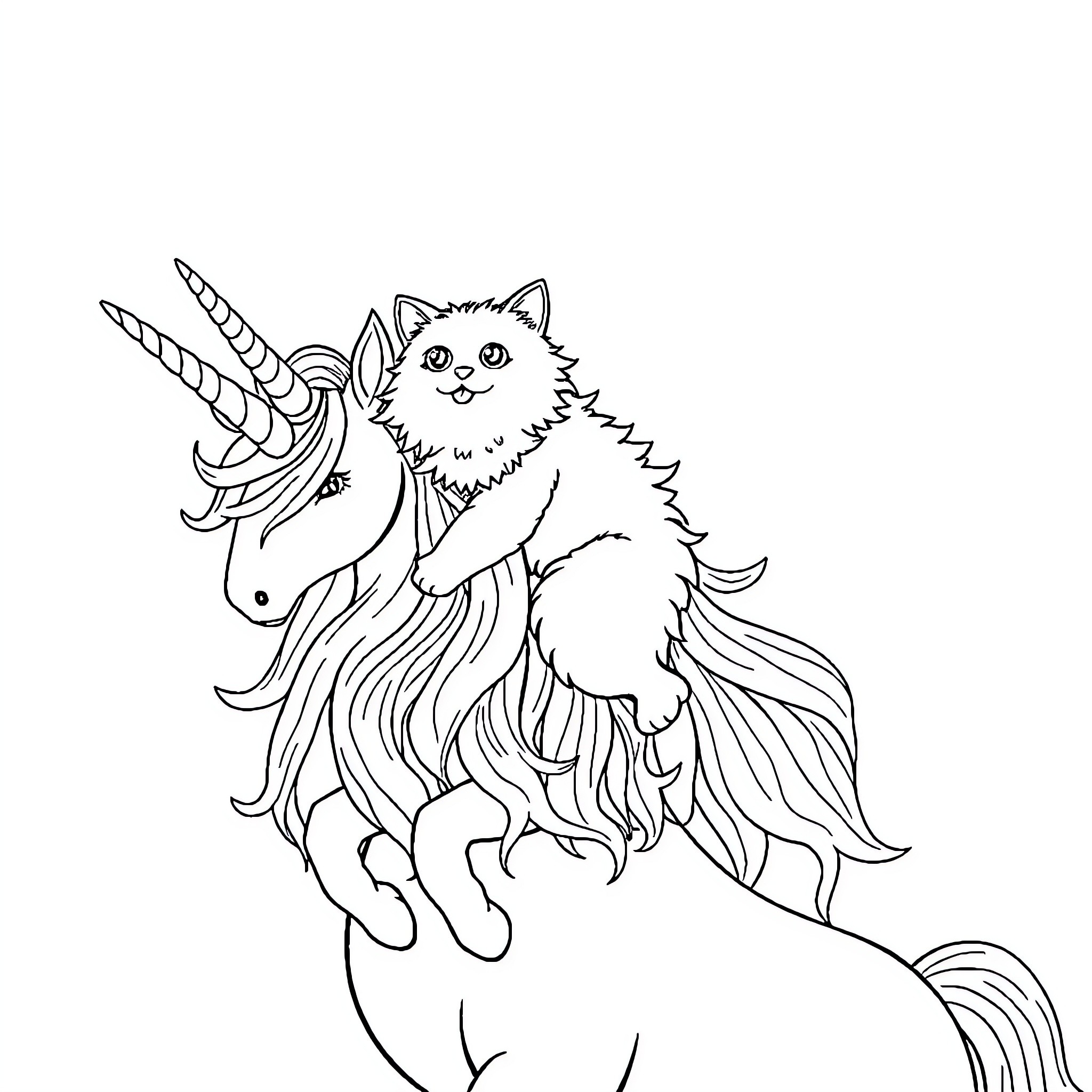 Cat Riding a Magical Unicorn Coloring Page (free black-and-white line drawing printable PDF for all, from beginners to advanced learners, including children, teens, adults, and seniors)
