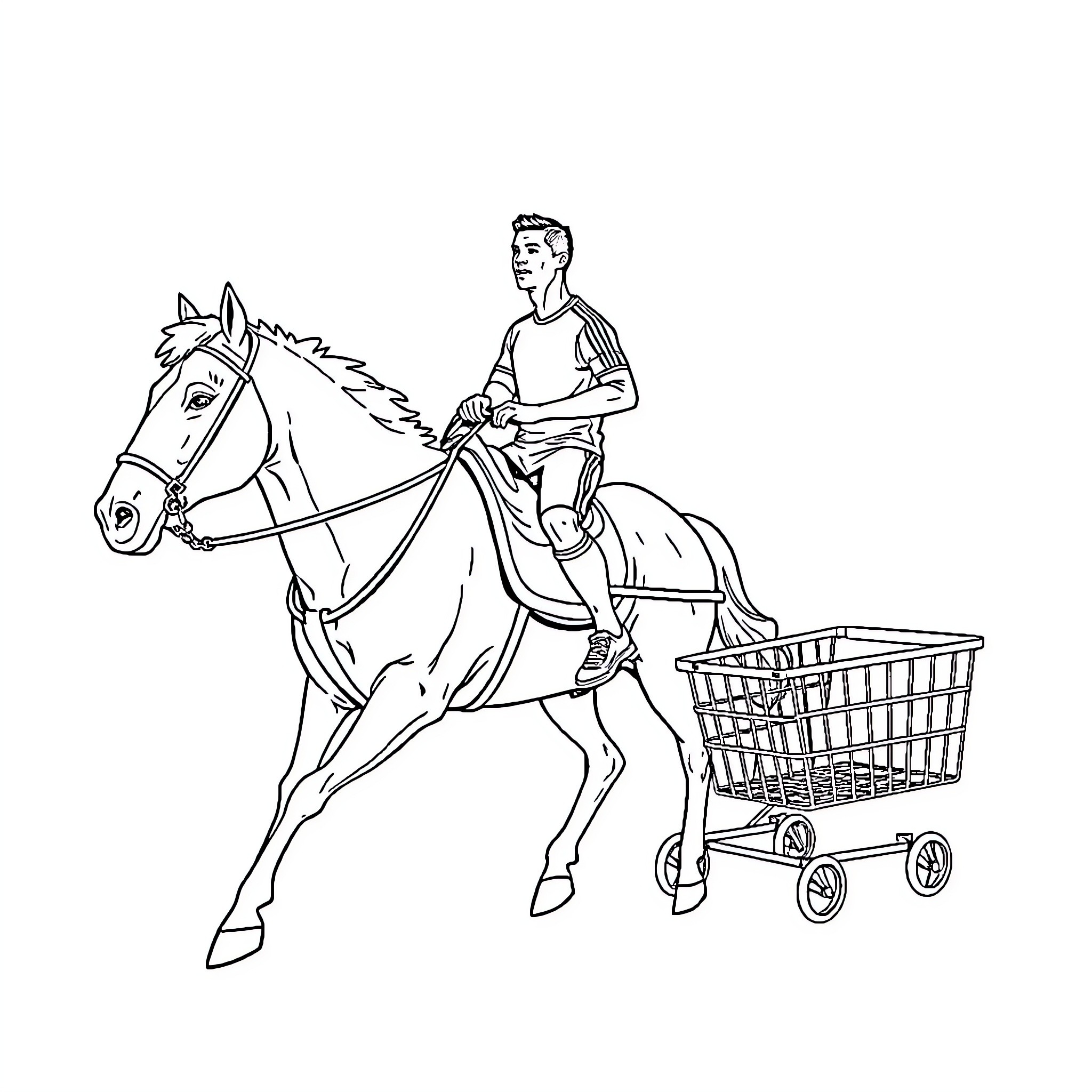 Cristiano Ronaldo riding horse while pushing shopping cart Coloring Page (free black-and-white line drawing printable PDF for all, from beginners to advanced learners, including children, teens, adults, and seniors)