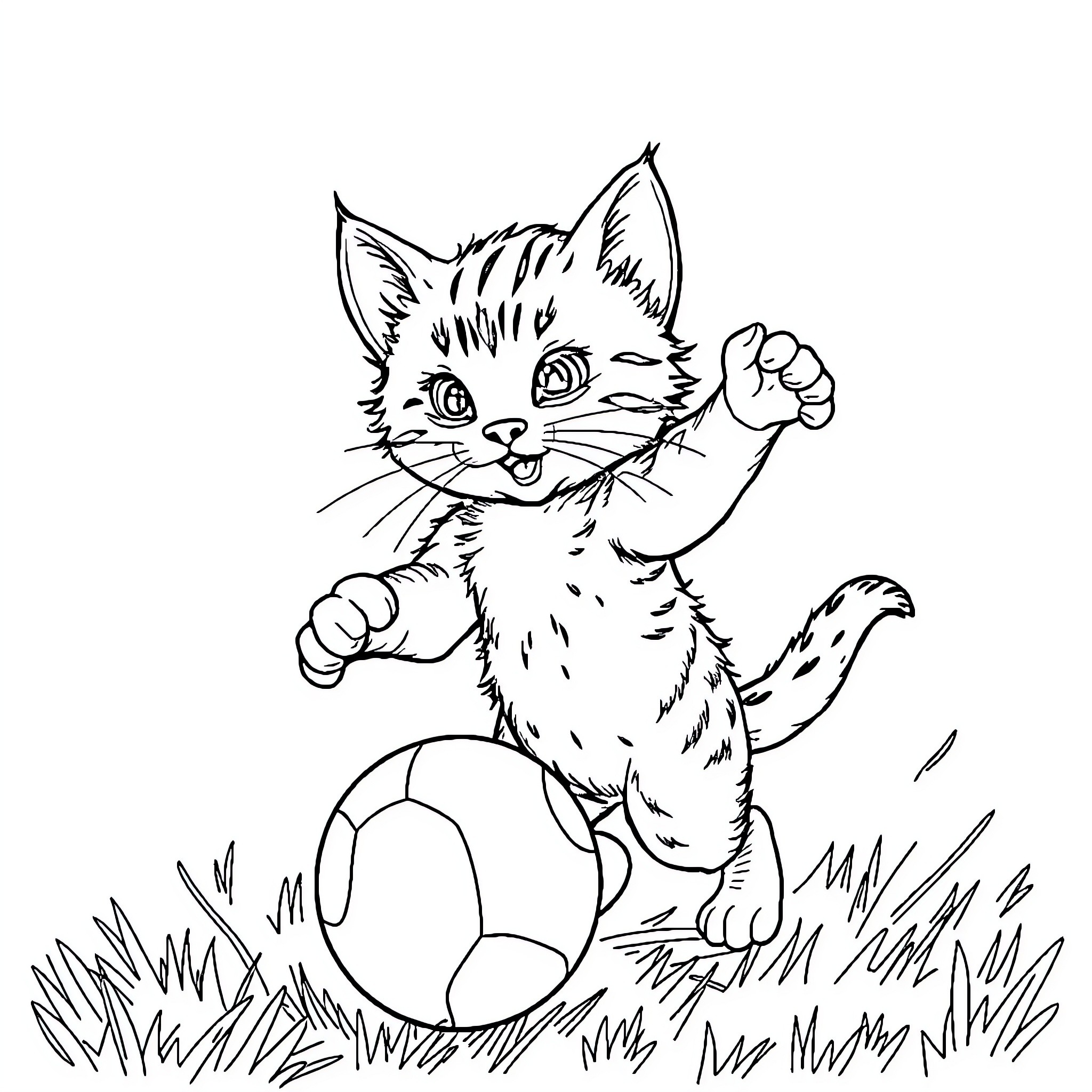 Kitten playing joyfully with ball in field Coloring Page (free black-and-white line drawing printable PDF for all, from beginners to advanced learners, including children, teens, adults, and seniors)