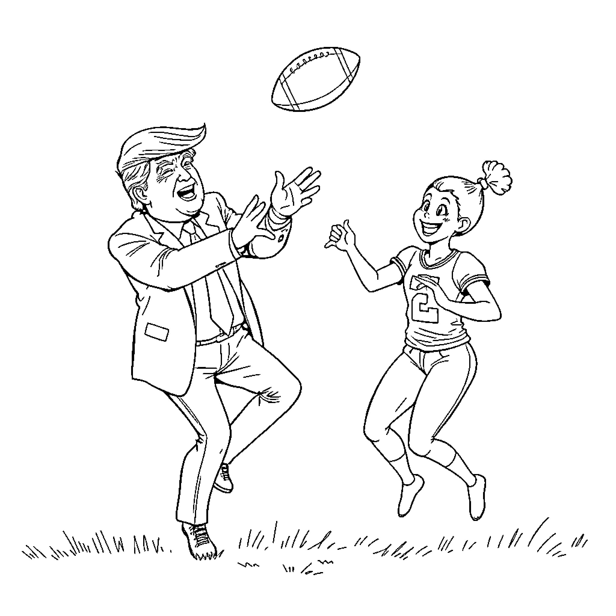 Donald Trump playing football with female athlete Coloring Page (free black-and-white line drawing printable PDF for all, from beginners to advanced learners, including children, teens, adults, and seniors)