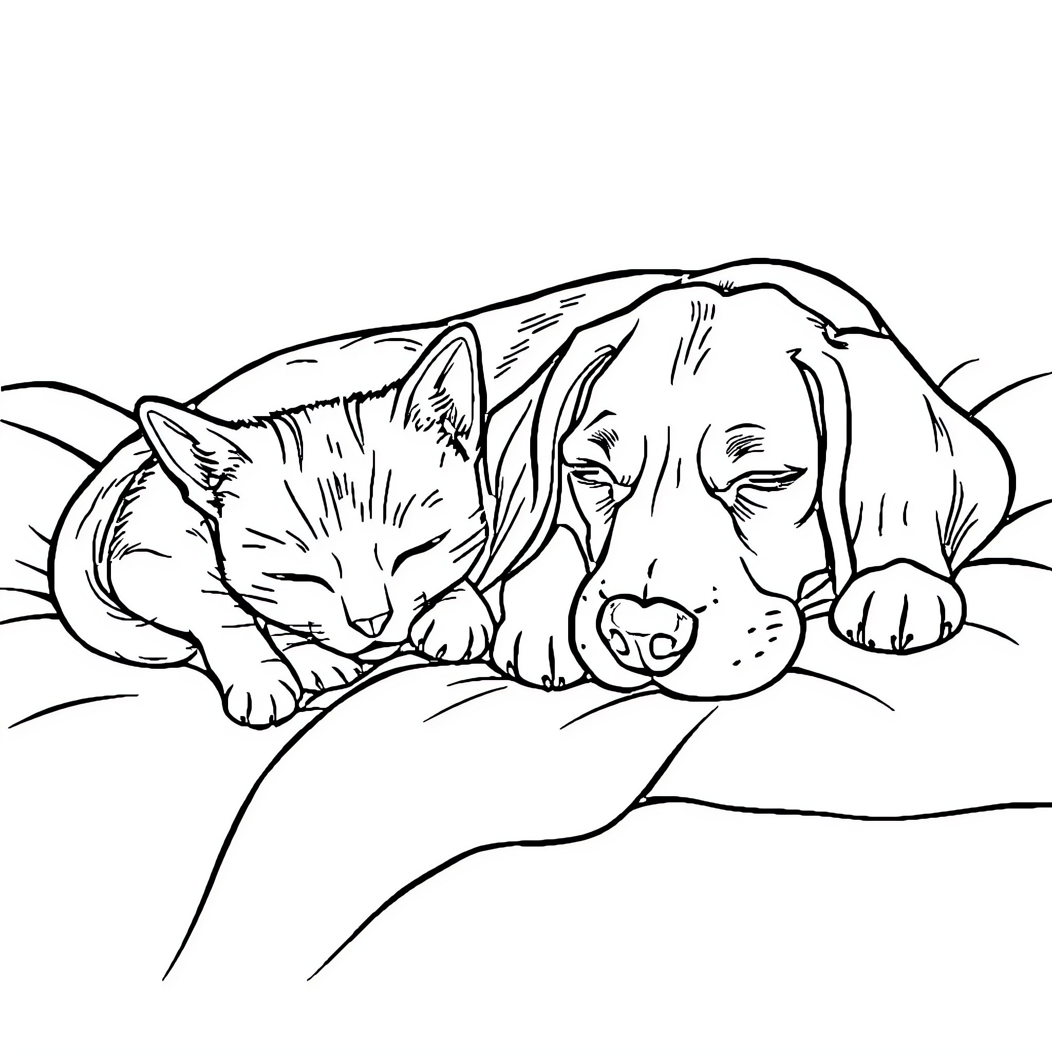 Cat and dog napping together peacefully Coloring Page (free black-and-white line drawing printable PDF for all, from beginners to advanced learners, including children, teens, adults, and seniors)