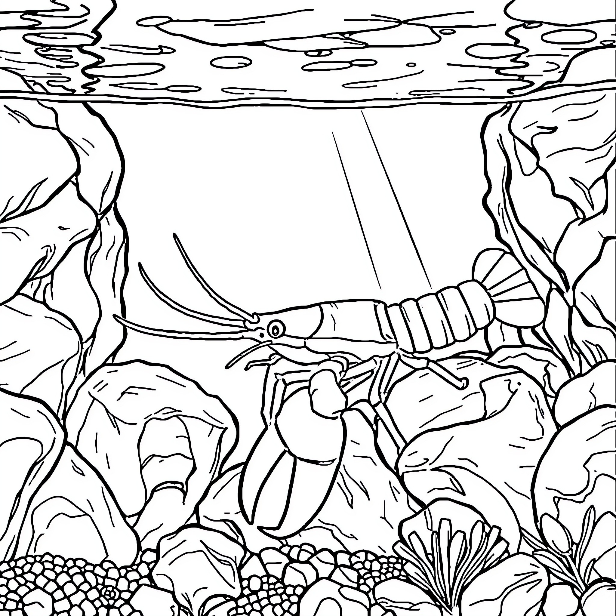 Lobster exploring the underwater coral reef landscape Coloring Page (free black-and-white line drawing printable PDF for all, from beginners to advanced learners, including children, teens, adults, and seniors)