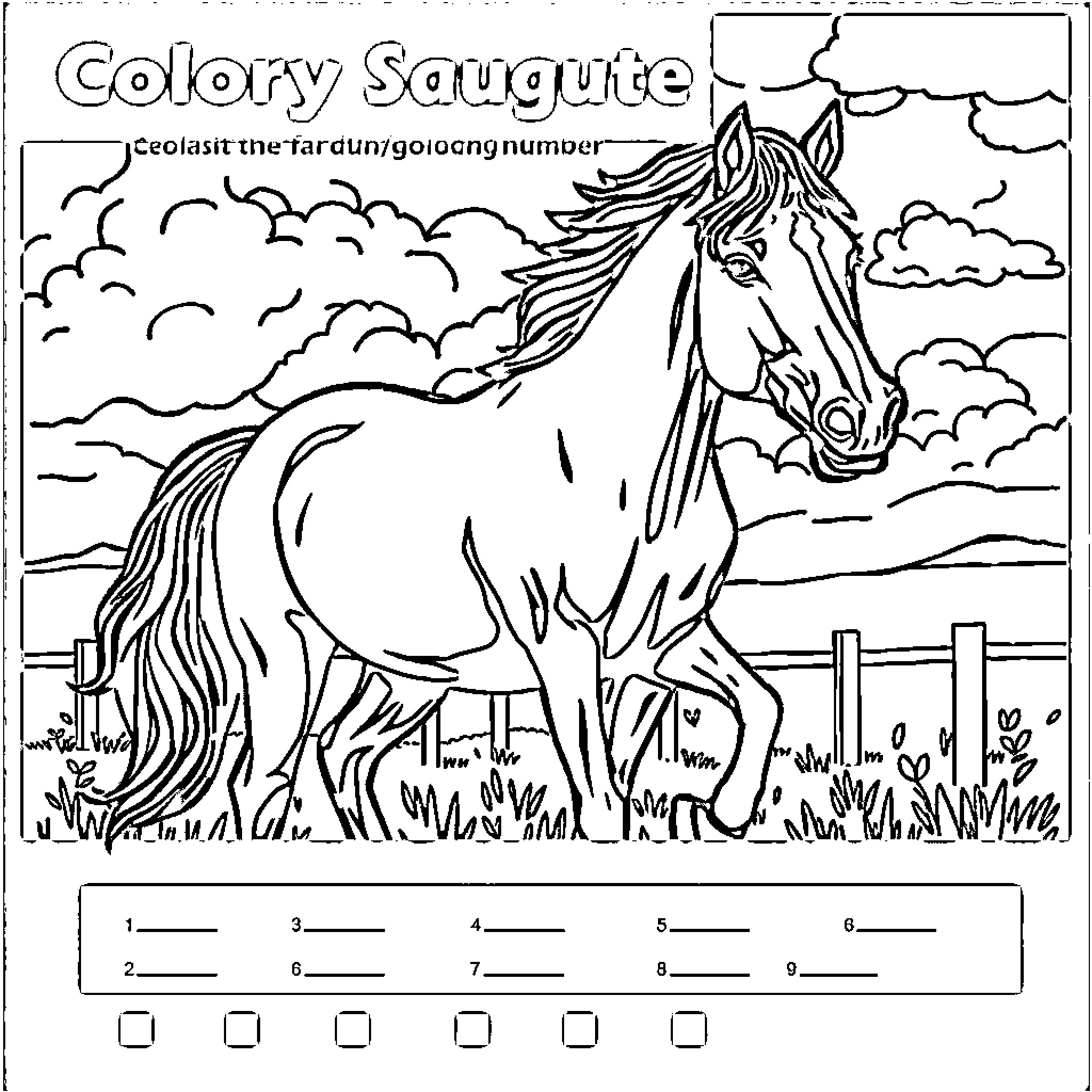 Horse standing in a scenic landscape Coloring Page (free black-and-white line drawing printable PDF for all, from beginners to advanced learners, including children, teens, adults, and seniors)