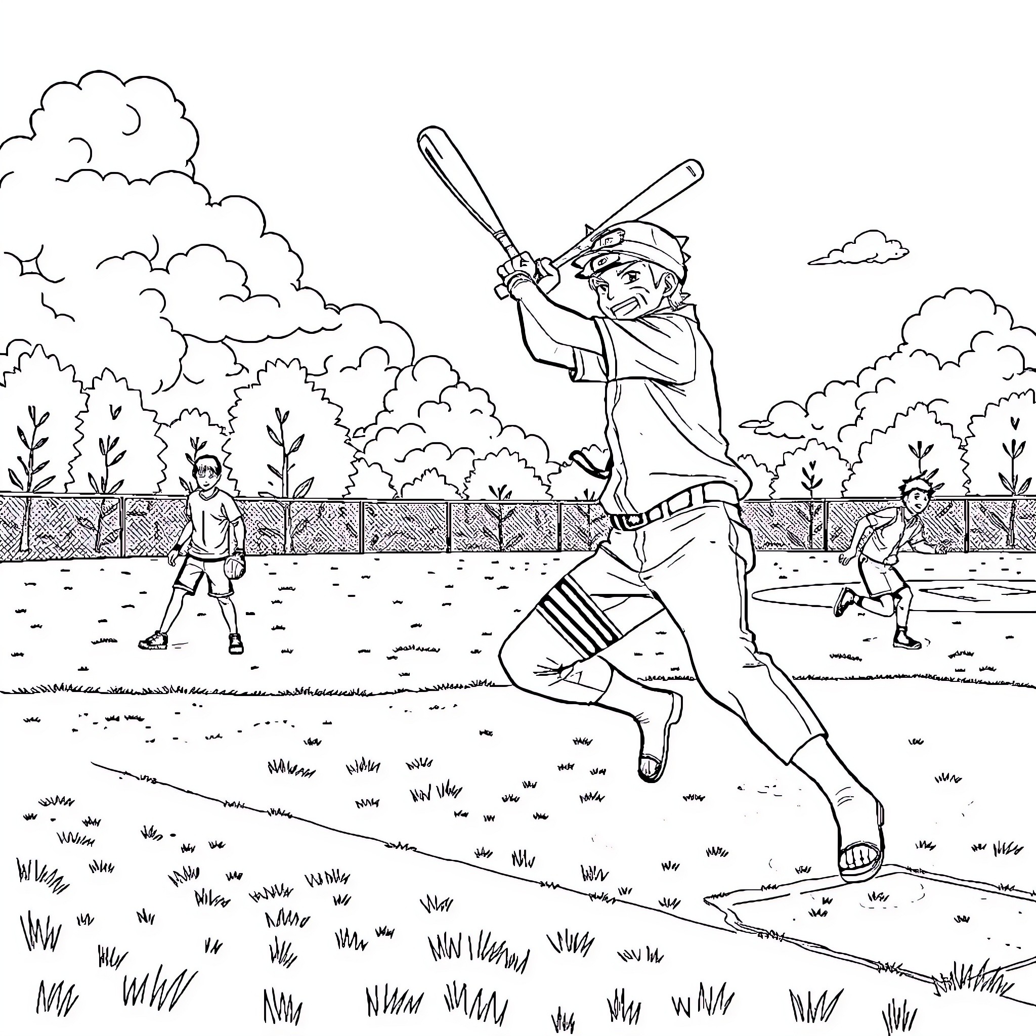 Naruto in Action: Ninja Training in the Forest Coloring Page (free black-and-white line drawing printable PDF for all, from beginners to advanced learners, including children, teens, adults, and seniors)