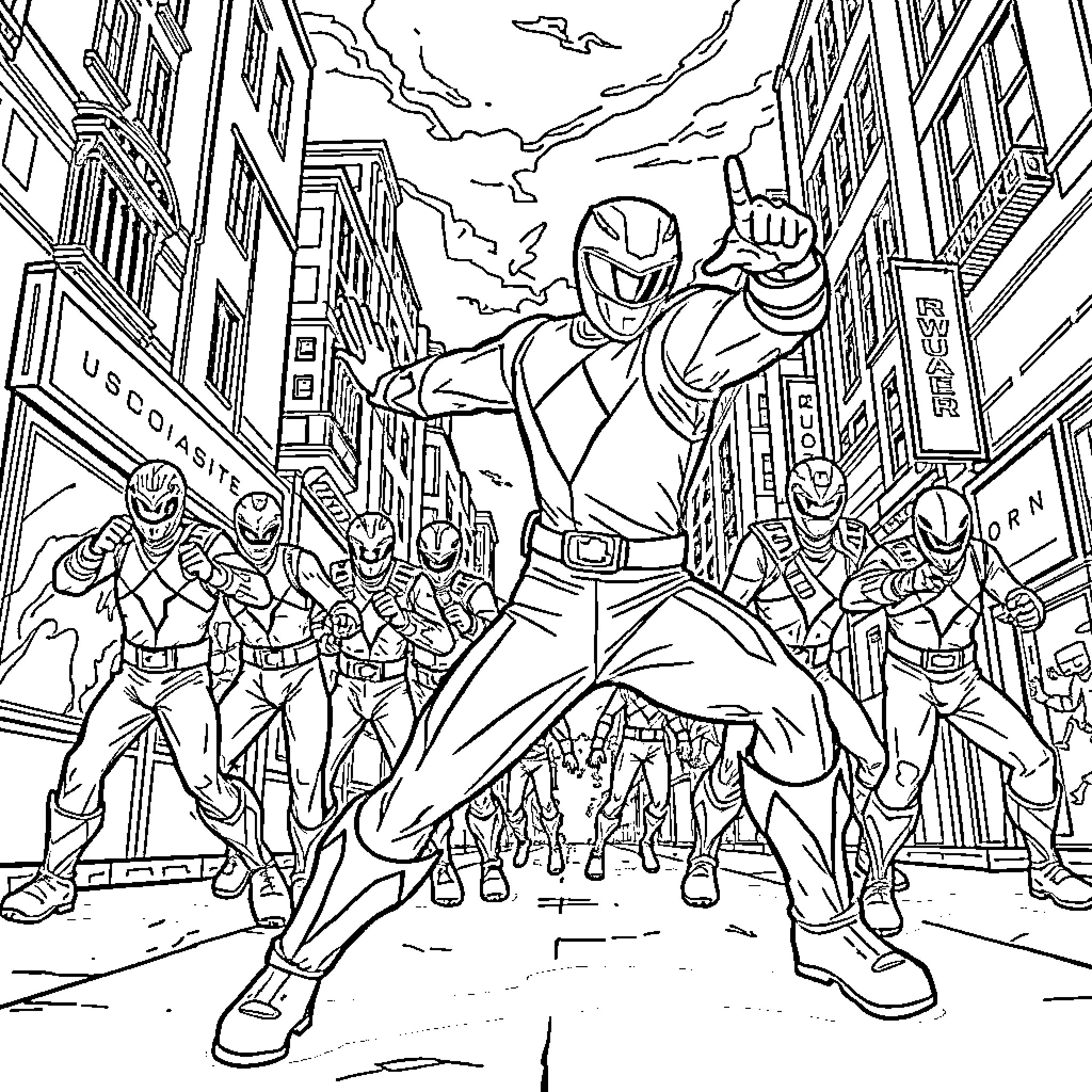 Power Rangers Saving the City from Chaos Coloring Page (free black-and-white line drawing printable PDF for all, from beginners to advanced learners, including children, teens, adults, and seniors)