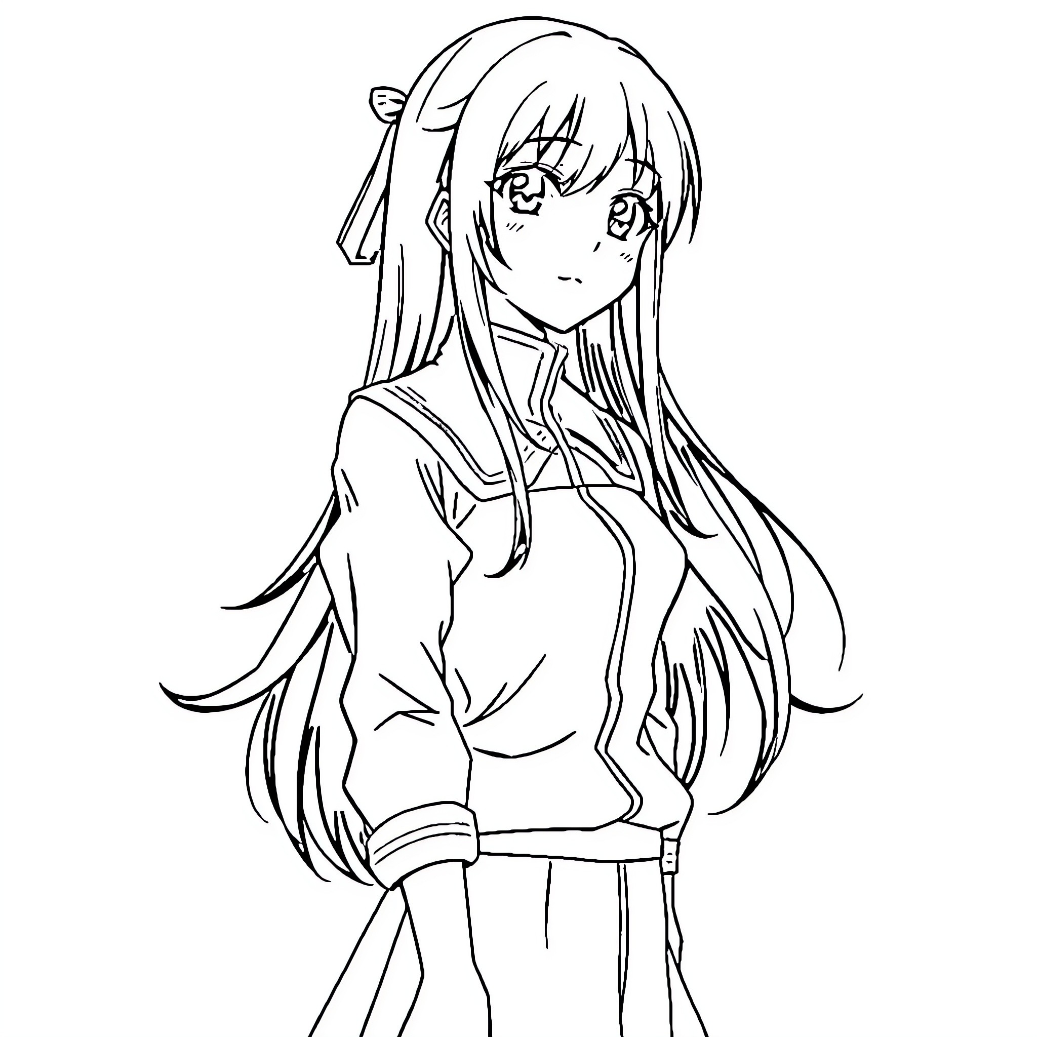 Hinata Hyuga in thoughtful contemplation Coloring Page (free black-and-white line drawing printable PDF for all, from beginners to advanced learners, including children, teens, adults, and seniors)