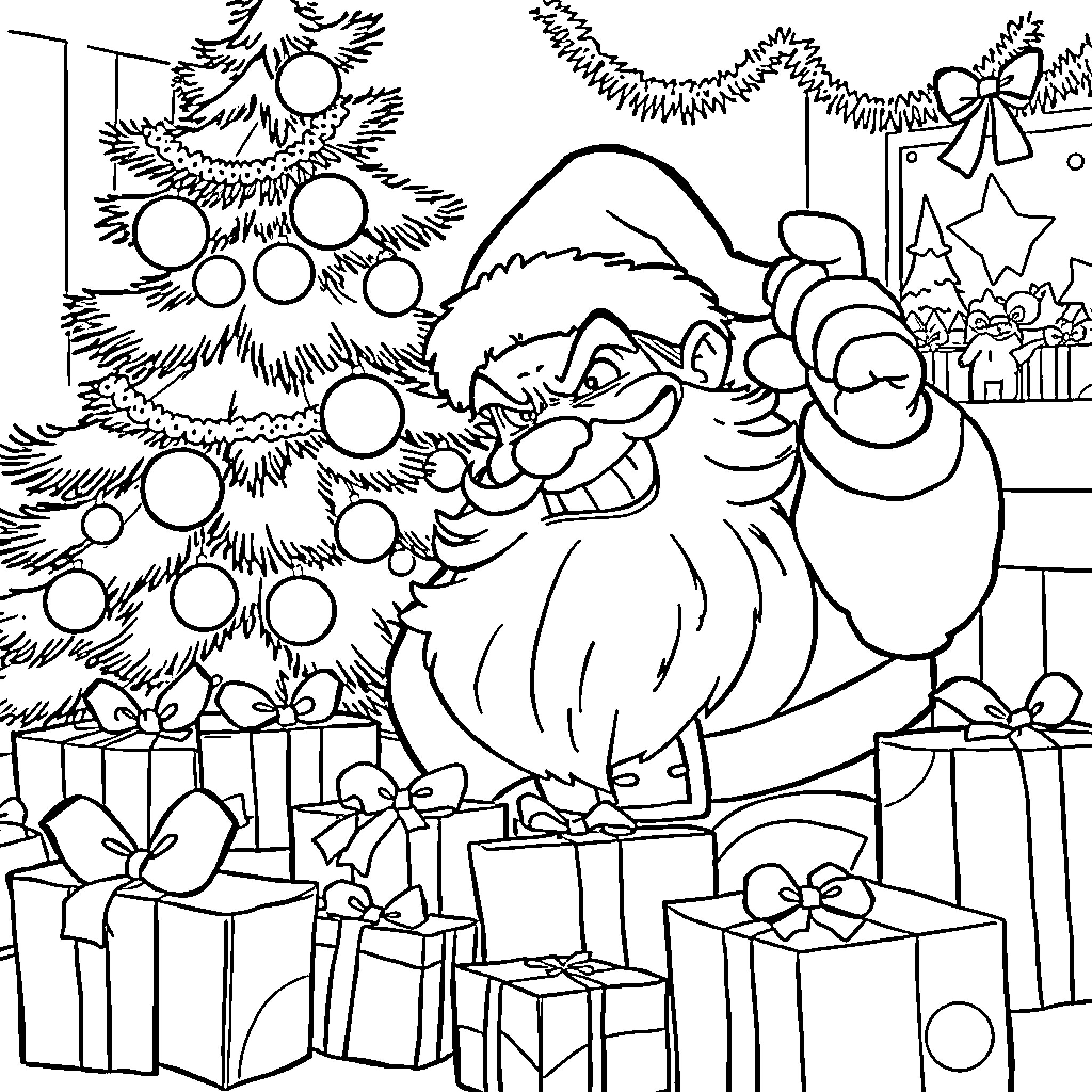 Santa Claus surrounded by Christmas tree and presents Coloring Page (free black-and-white line drawing printable PDF for all, from beginners to advanced learners, including children, teens, adults, and seniors)