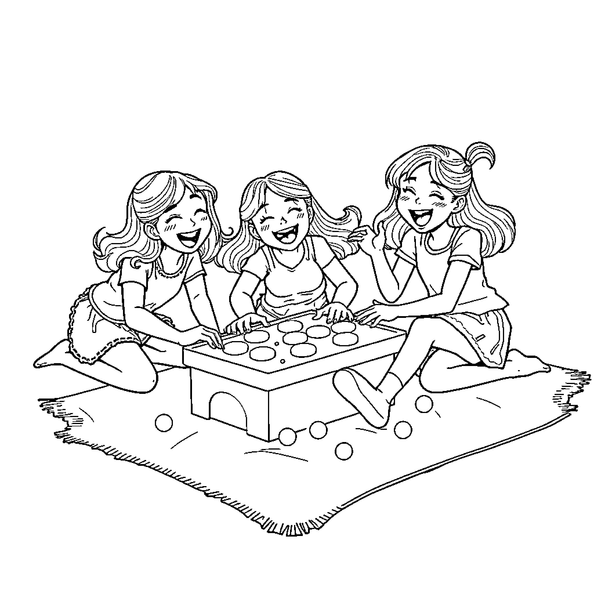 Girls Playing a Board Game Happily Coloring Page (free black-and-white line drawing printable PDF for all, from beginners to advanced learners, including children, teens, adults, and seniors)