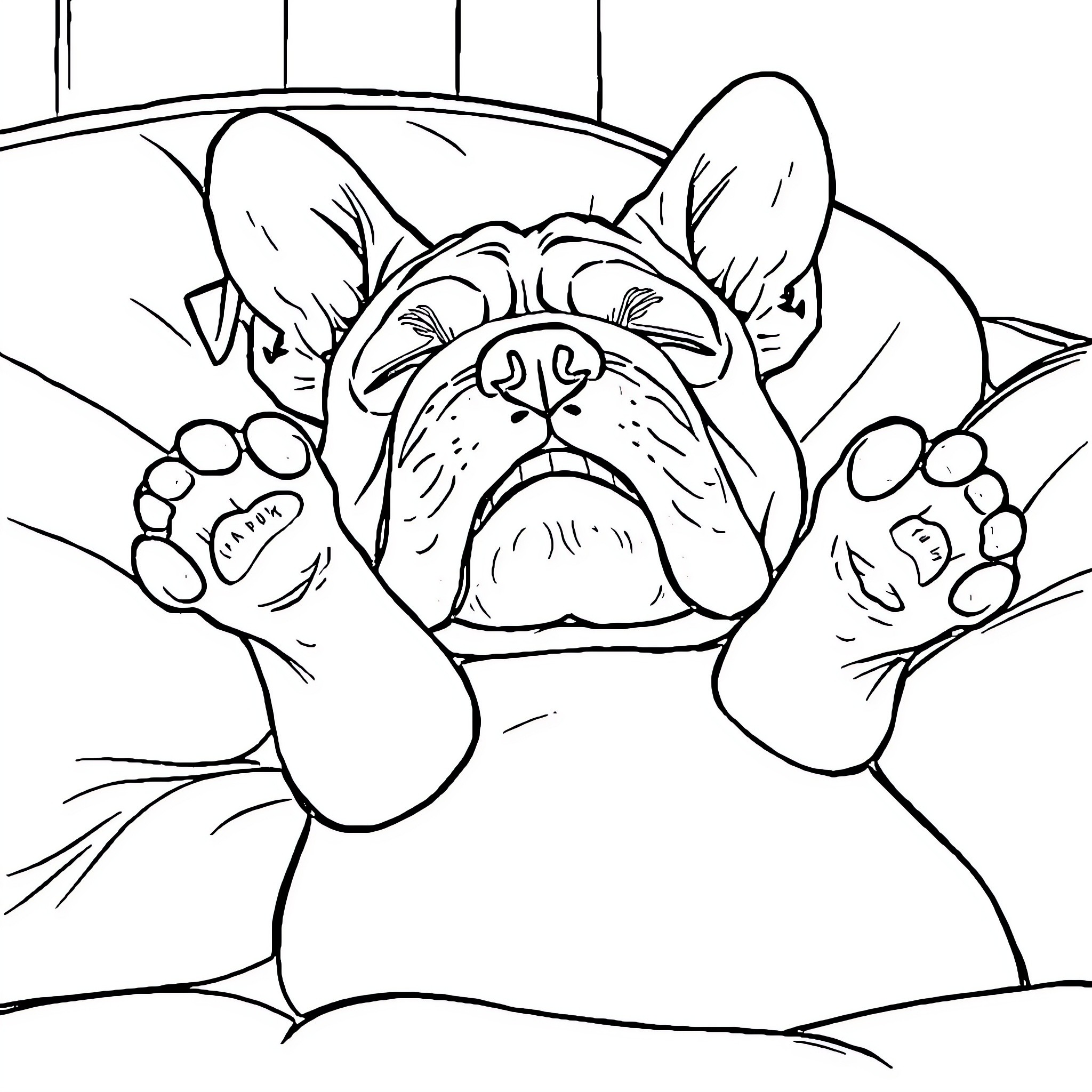 Bulldog resting comfortably on a couch Coloring Page (free black-and-white line drawing printable PDF for all, from beginners to advanced learners, including children, teens, adults, and seniors)