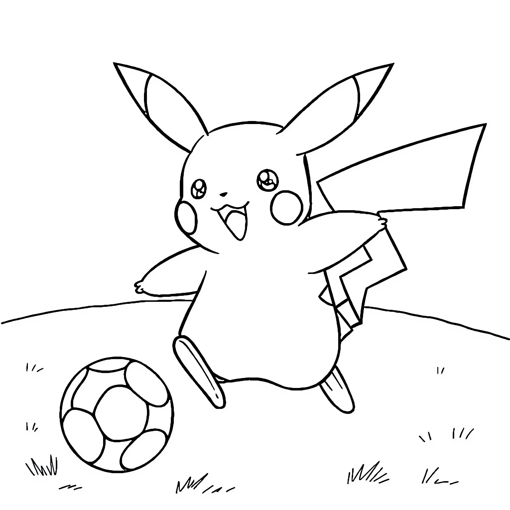 Pikachu playing with a soccer ball on the field Coloring Page (free black-and-white line drawing printable PDF for all, from beginners to advanced learners, including children, teens, adults, and seniors)