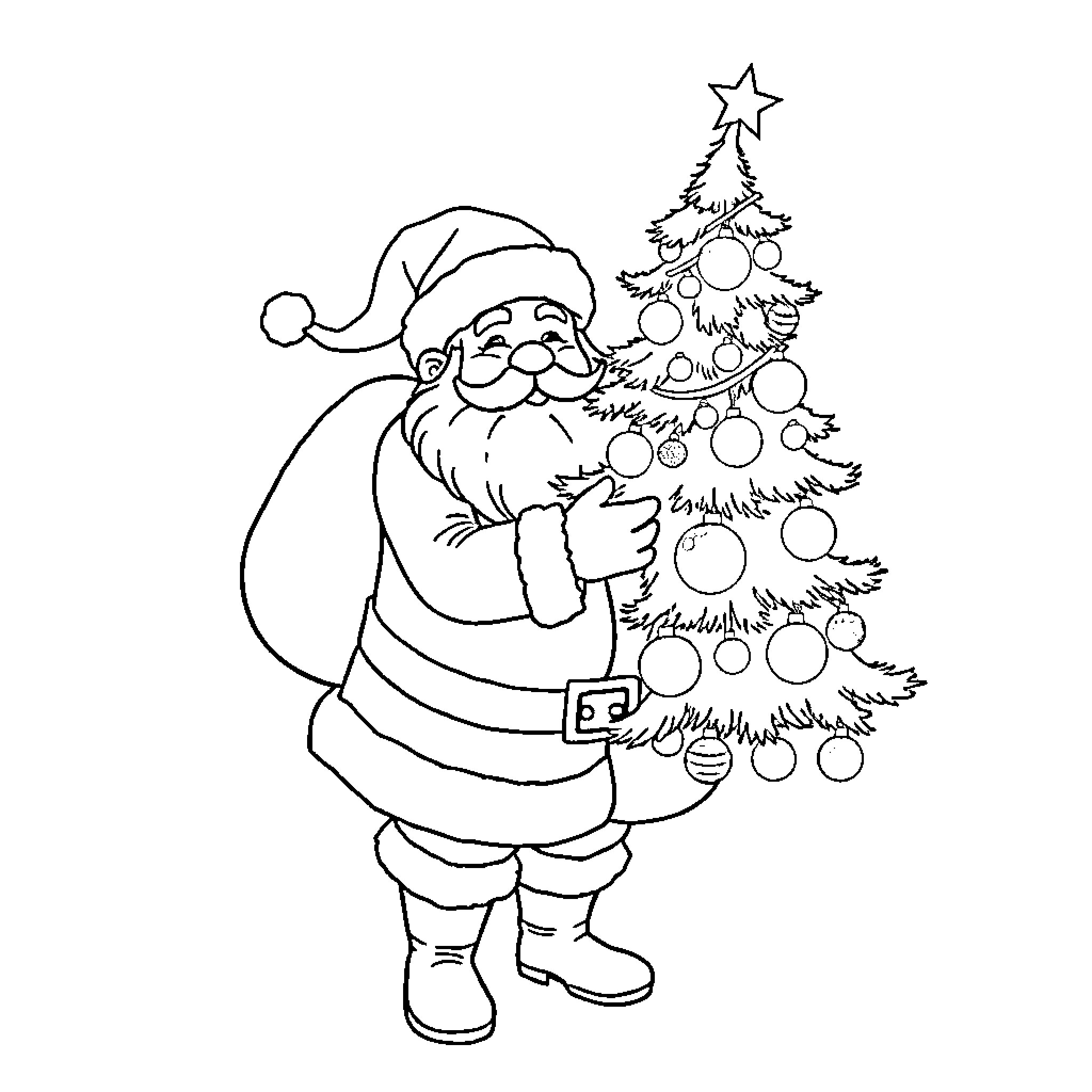 Santa decorating a Christmas tree Coloring Page (free black-and-white line drawing printable PDF for all, from beginners to advanced learners, including children, teens, adults, and seniors)
