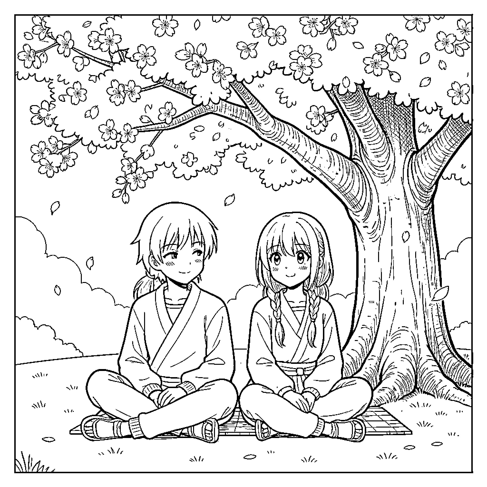 Tomoya and Sakura Enjoying the Blooming Cherry Blossoms Coloring Page (free black-and-white line drawing printable PDF for all, from beginners to advanced learners, including children, teens, adults, and seniors)