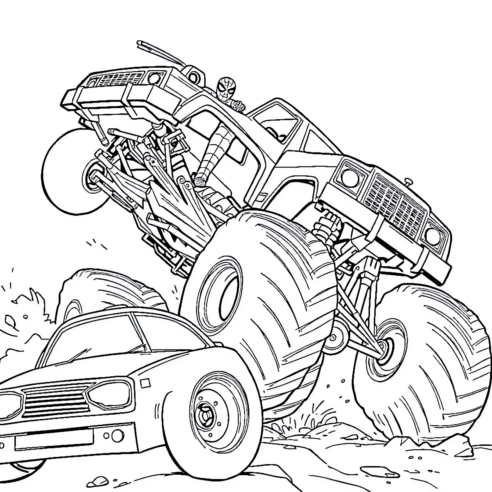 Spider-Man Monster Truck Crushing Cars in Action Coloring Page (free black-and-white line drawing printable PDF for all, from beginners to advanced learners, including children, teens, adults, and seniors)