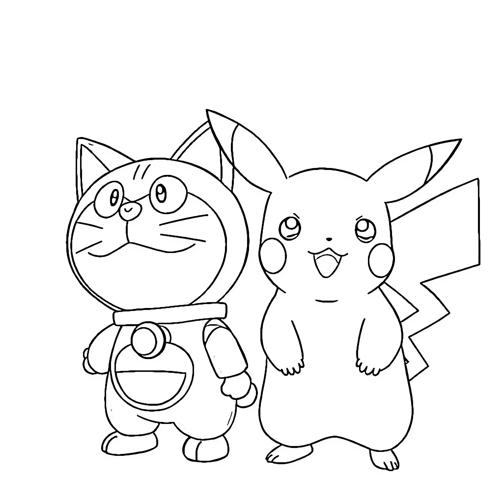 Pikachu and Doraemon posing happily together Coloring Page (free black-and-white line drawing printable PDF for all, from beginners to advanced learners, including children, teens, adults, and seniors)