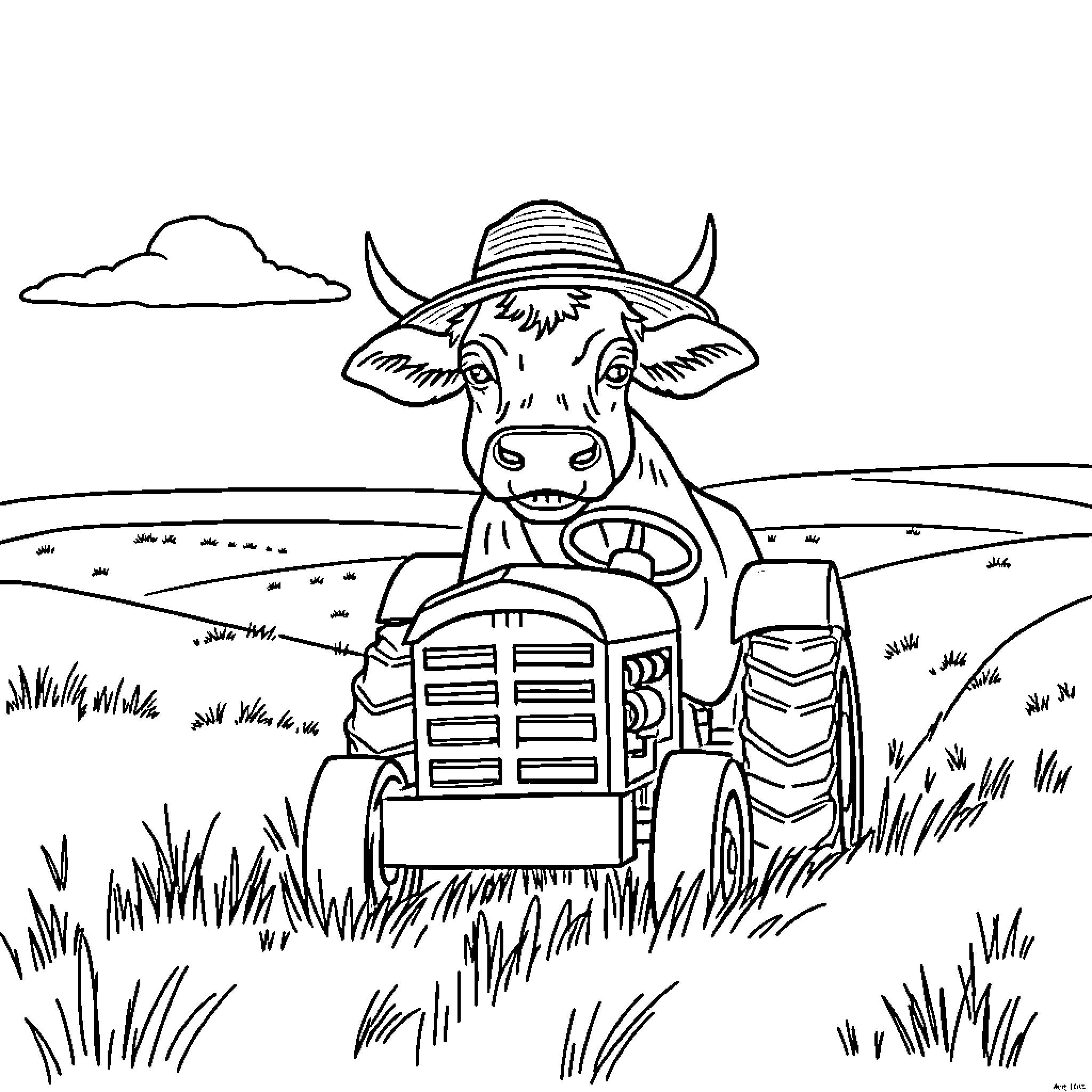 Highland Cow operating a tractor in the countryside Coloring Page (free black-and-white line drawing printable PDF for all, from beginners to advanced learners, including children, teens, adults, and seniors)