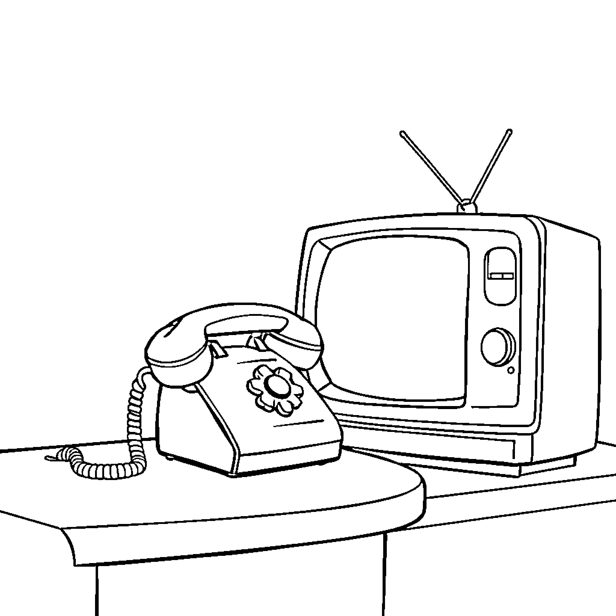 Phone on table with classic TV Coloring Page (free black-and-white line drawing printable PDF for all, from beginners to advanced learners, including children, teens, adults, and seniors)