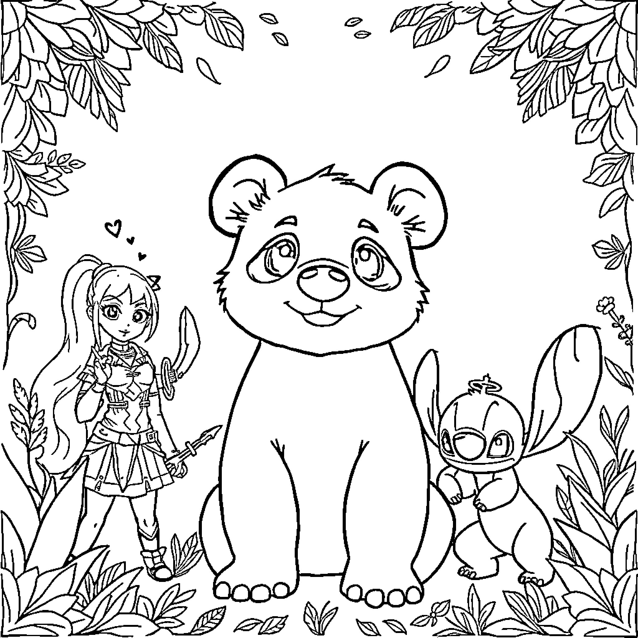 Panda with girl and alien-like creature in nature Coloring Page (free black-and-white line drawing printable PDF for all, from beginners to advanced learners, including children, teens, adults, and seniors)