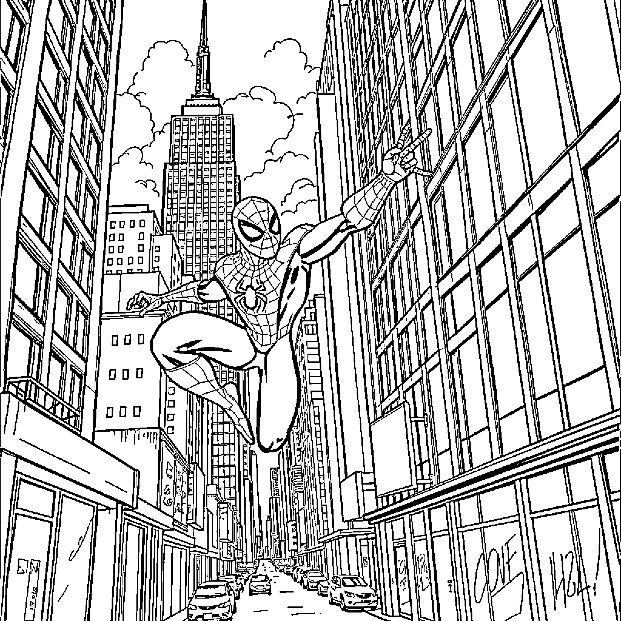 Spiderman swinging through the skyscrapers of the city Coloring Page (free black-and-white line drawing printable PDF for all, from beginners to advanced learners, including children, teens, adults, and seniors)