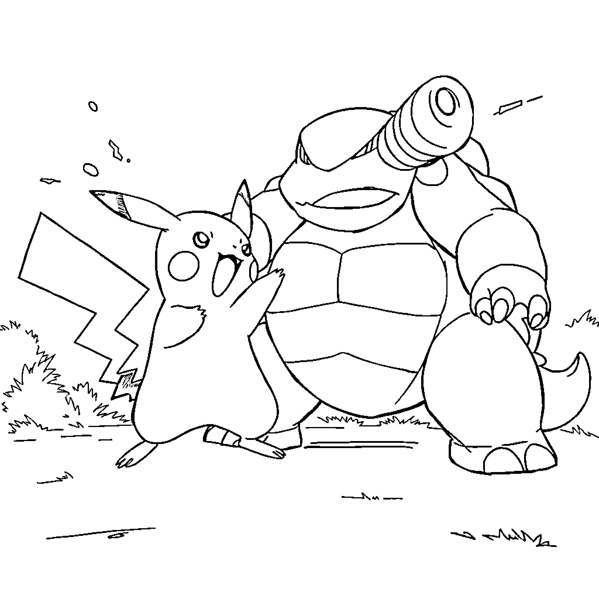 Pikachu and Blastoise engage in lively interaction Coloring Page (free black-and-white line drawing printable PDF for all, from beginners to advanced learners, including children, teens, adults, and seniors)