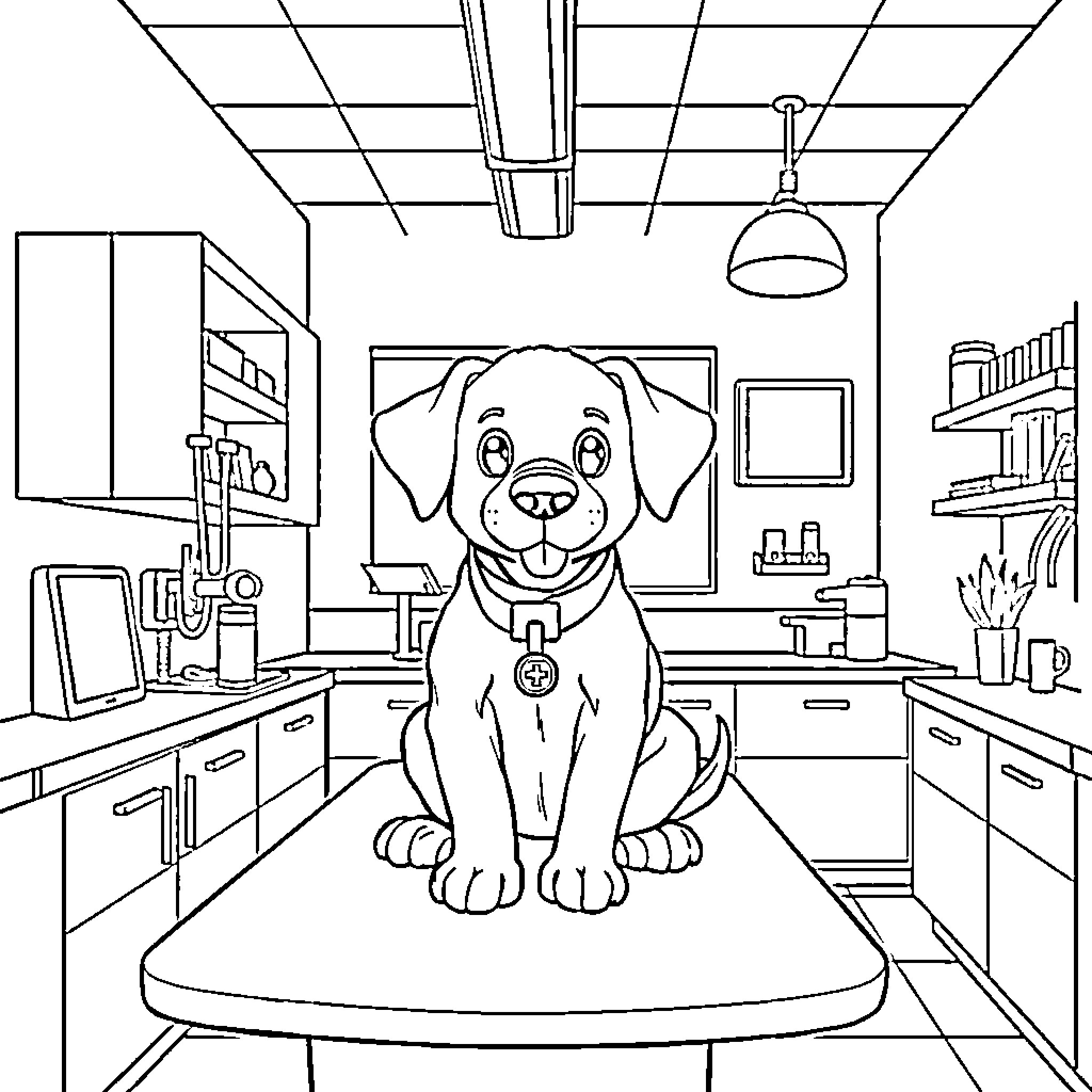 Dog sitting patiently in a veterinary office Coloring Page (free black-and-white line drawing printable PDF for all, from beginners to advanced learners, including children, teens, adults, and seniors)