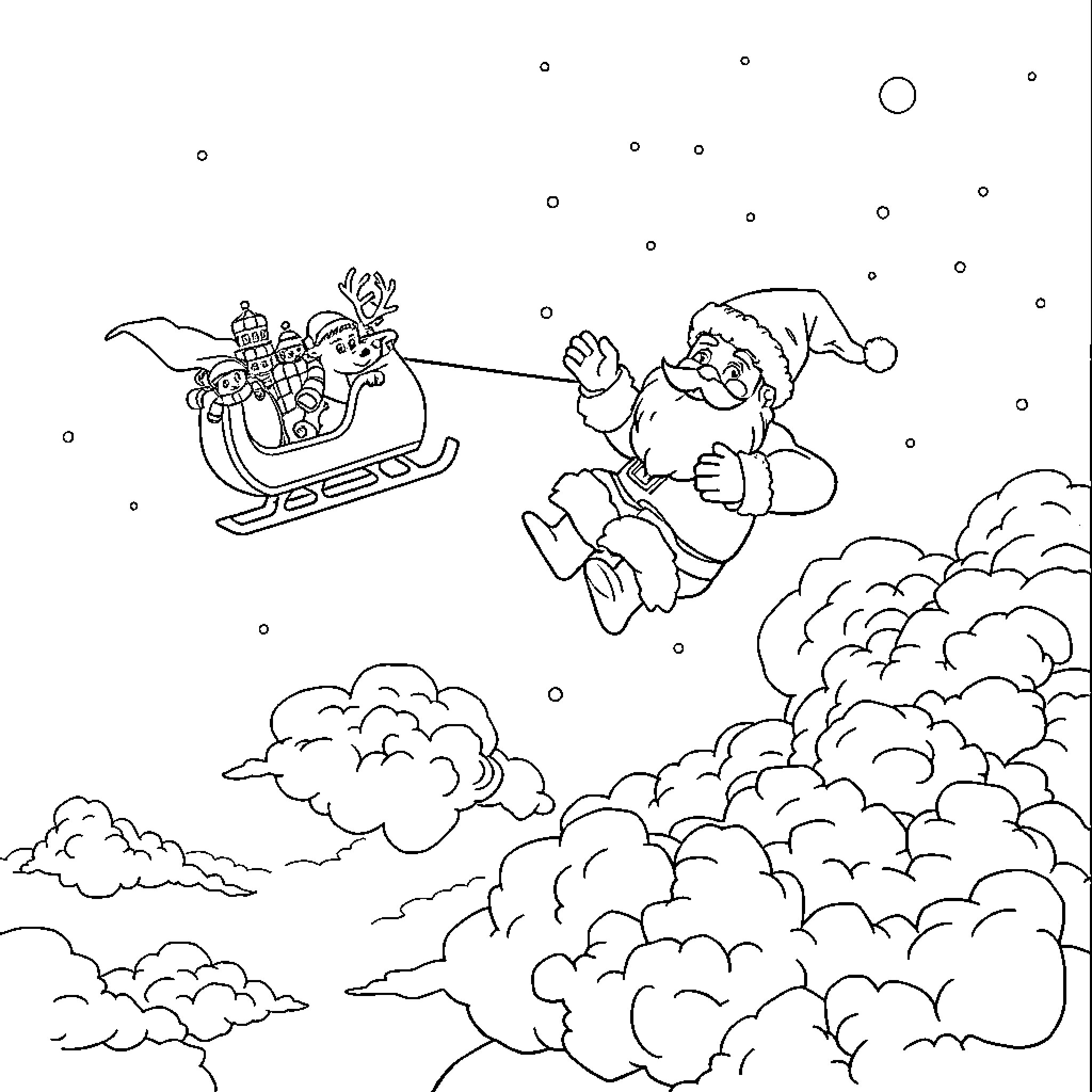 Santa delivering gifts in the sky Coloring Page (free black-and-white line drawing printable PDF for all, from beginners to advanced learners, including children, teens, adults, and seniors)