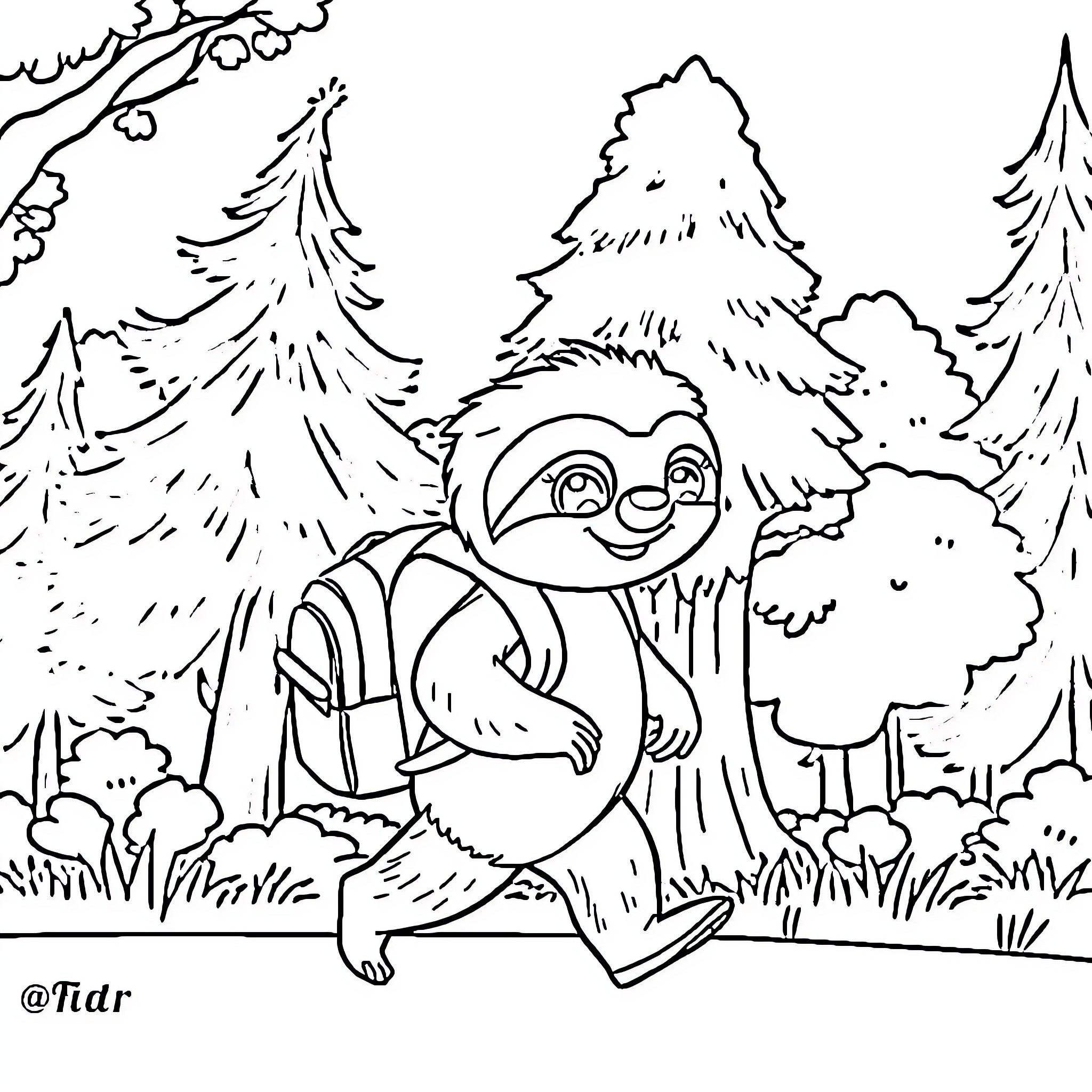 Sloth happily hiking through a snowy forest Coloring Page (free black-and-white line drawing printable PDF for all, from beginners to advanced learners, including children, teens, adults, and seniors)
