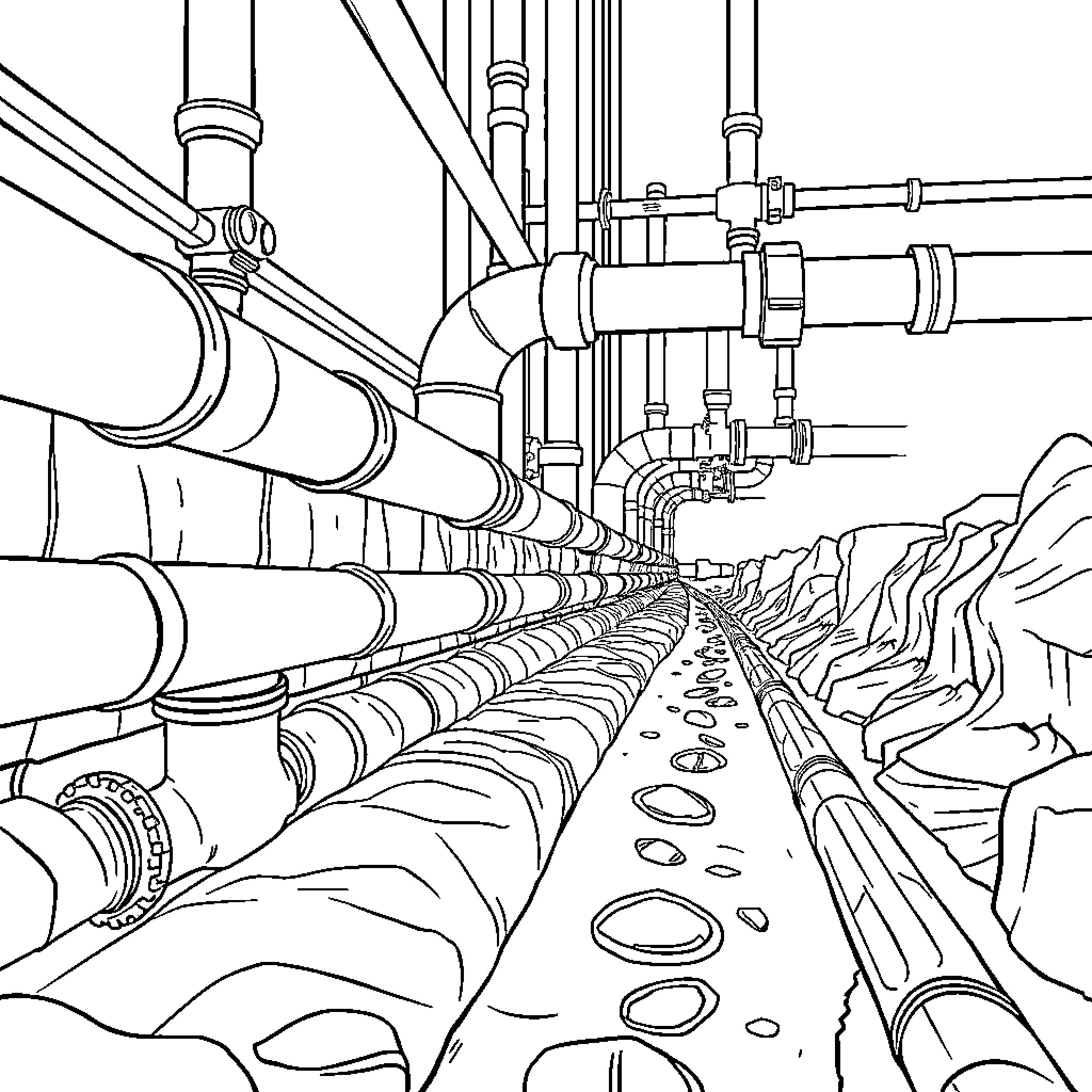 Pipes winding through a rocky landscape Coloring Page (free black-and-white line drawing printable PDF for all, from beginners to advanced learners, including children, teens, adults, and seniors)