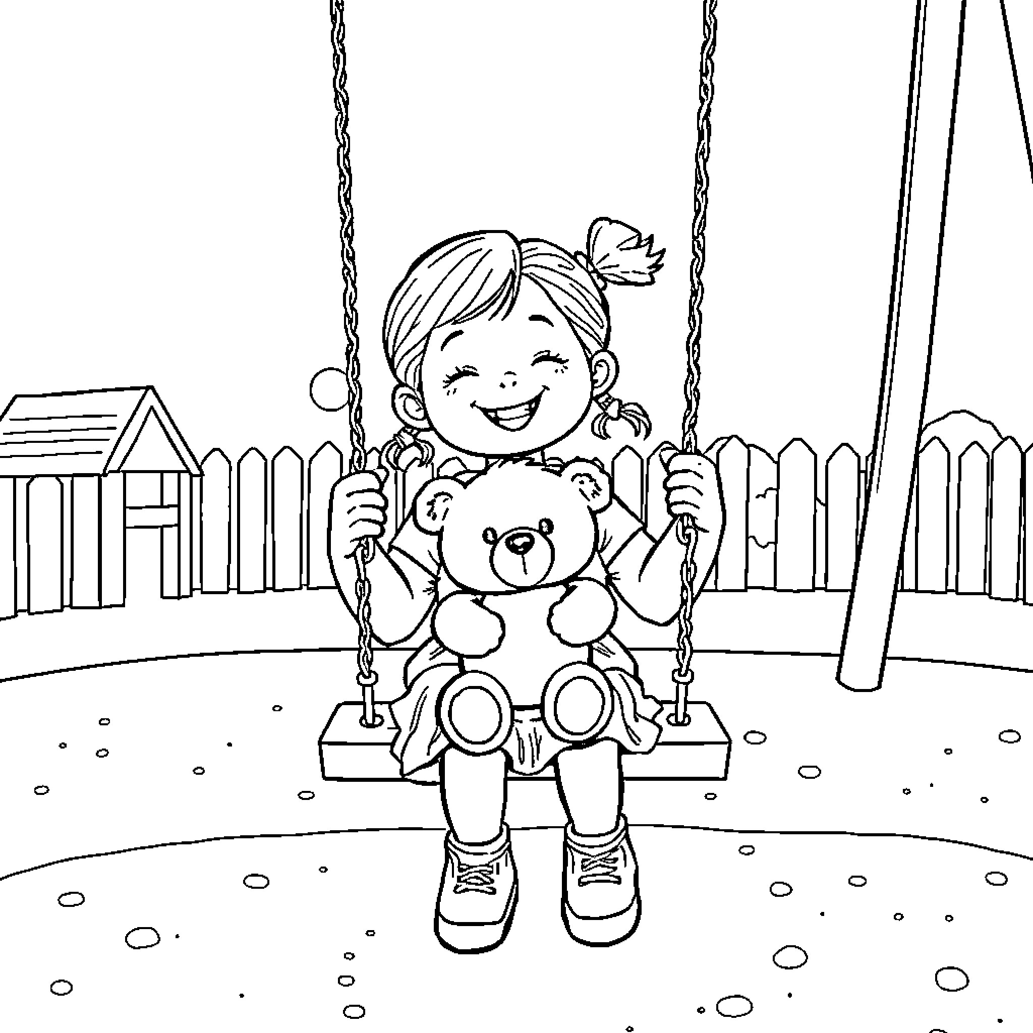 Girl Happily Swinging with Teddy Bear Outdoors Coloring Page (free black-and-white line drawing printable PDF for all, from beginners to advanced learners, including children, teens, adults, and seniors)