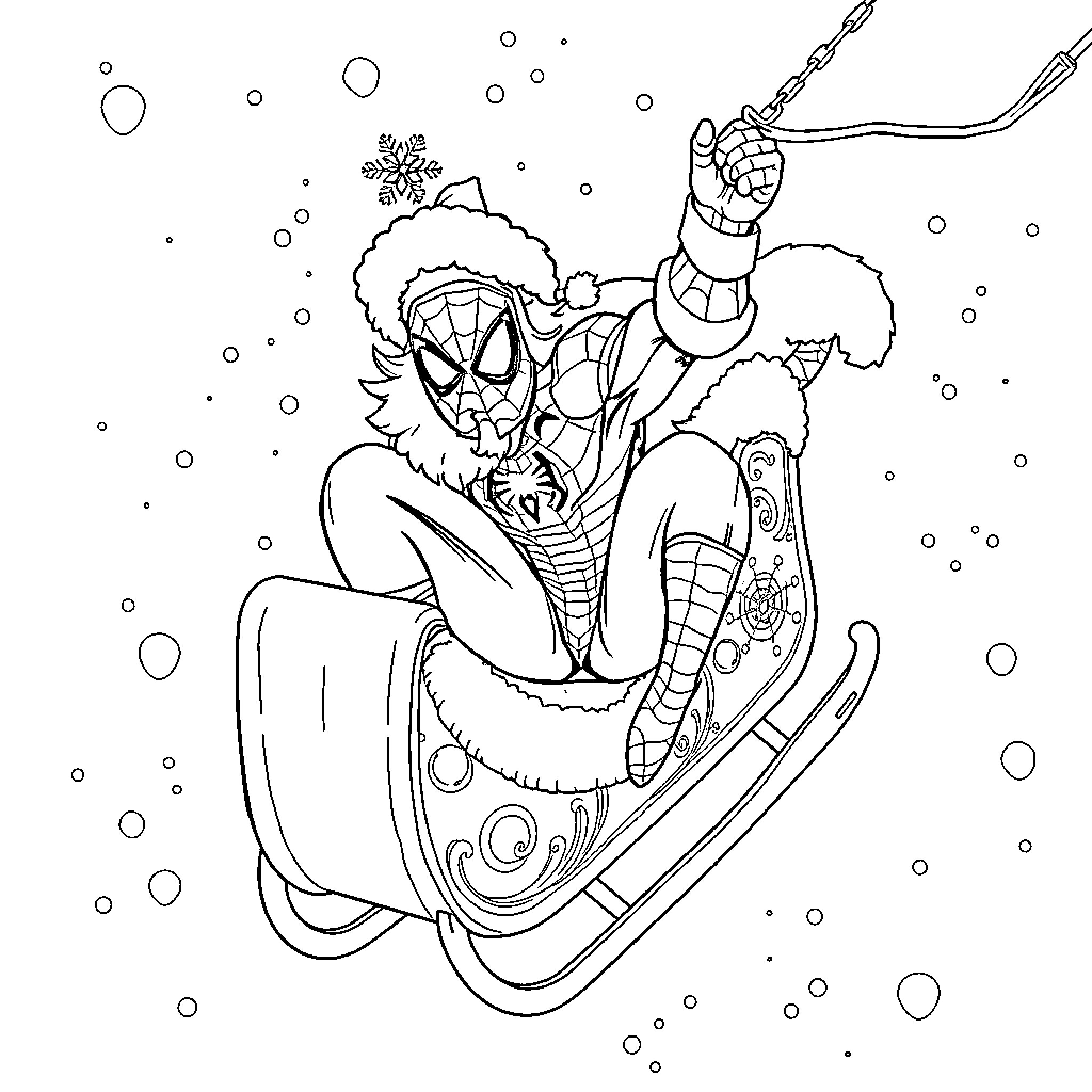 Spiderman sleighing through a snowy scene Coloring Page (free black-and-white line drawing printable PDF for all, from beginners to advanced learners, including children, teens, adults, and seniors)