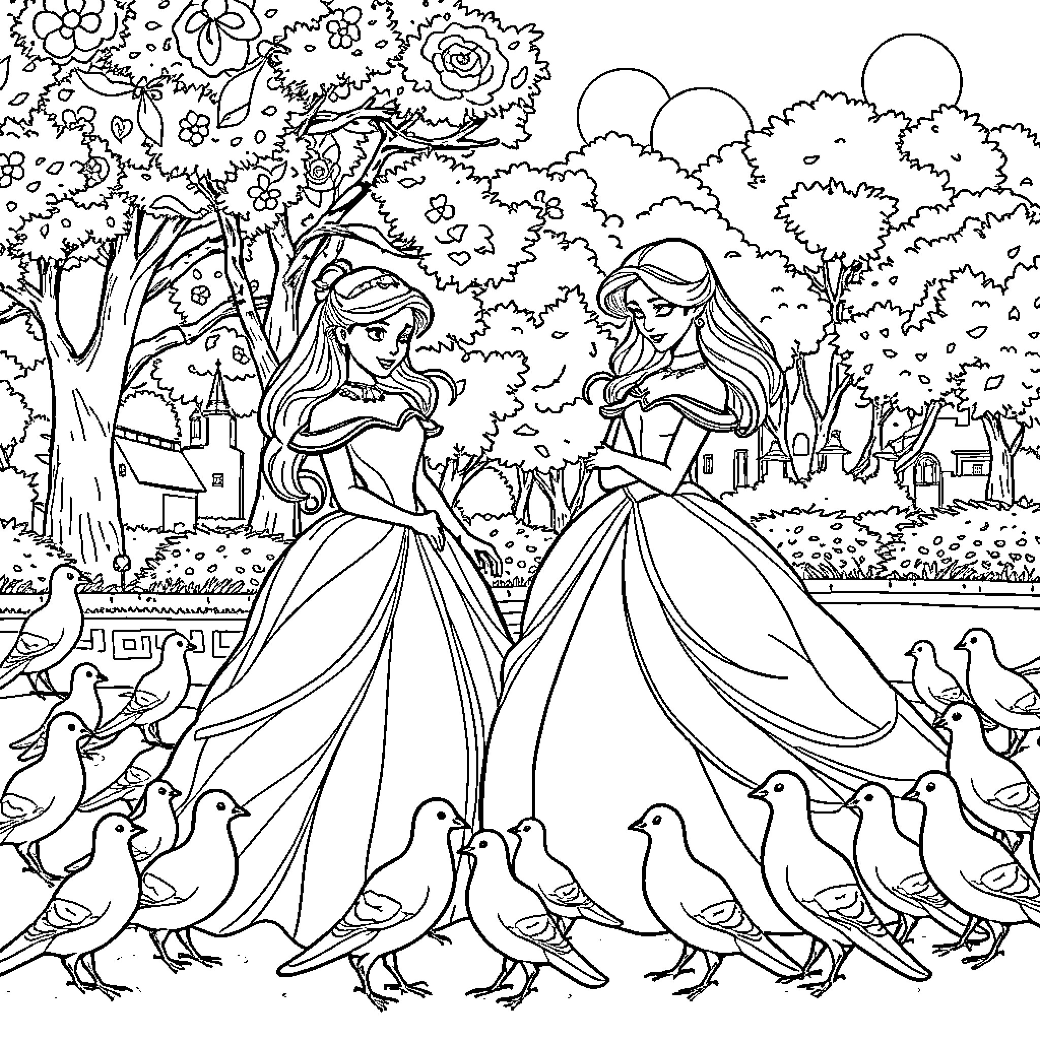 Princess Sisters Exploring the Enchanted Garden Coloring Page (free black-and-white line drawing printable PDF for all, from beginners to advanced learners, including children, teens, adults, and seniors)
