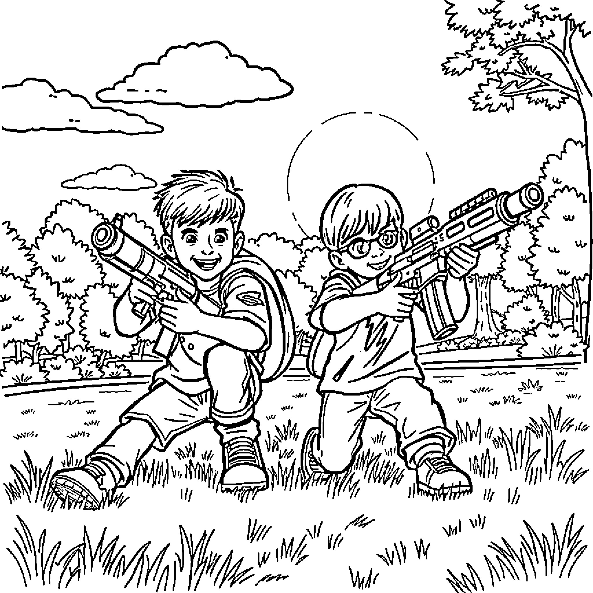 Gun-toting kids playing in the park Coloring Page (free black-and-white line drawing printable PDF for all, from beginners to advanced learners, including children, teens, adults, and seniors)