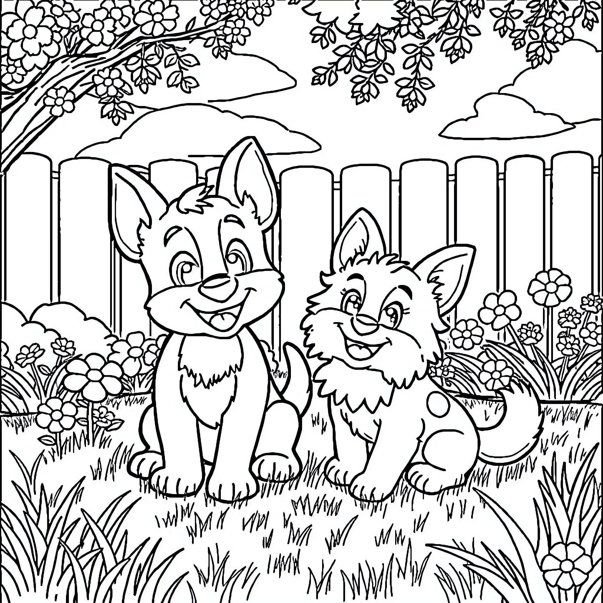 Bluey and friends explore the backyard Coloring Page (free black-and-white line drawing printable PDF for all, from beginners to advanced learners, including children, teens, adults, and seniors)